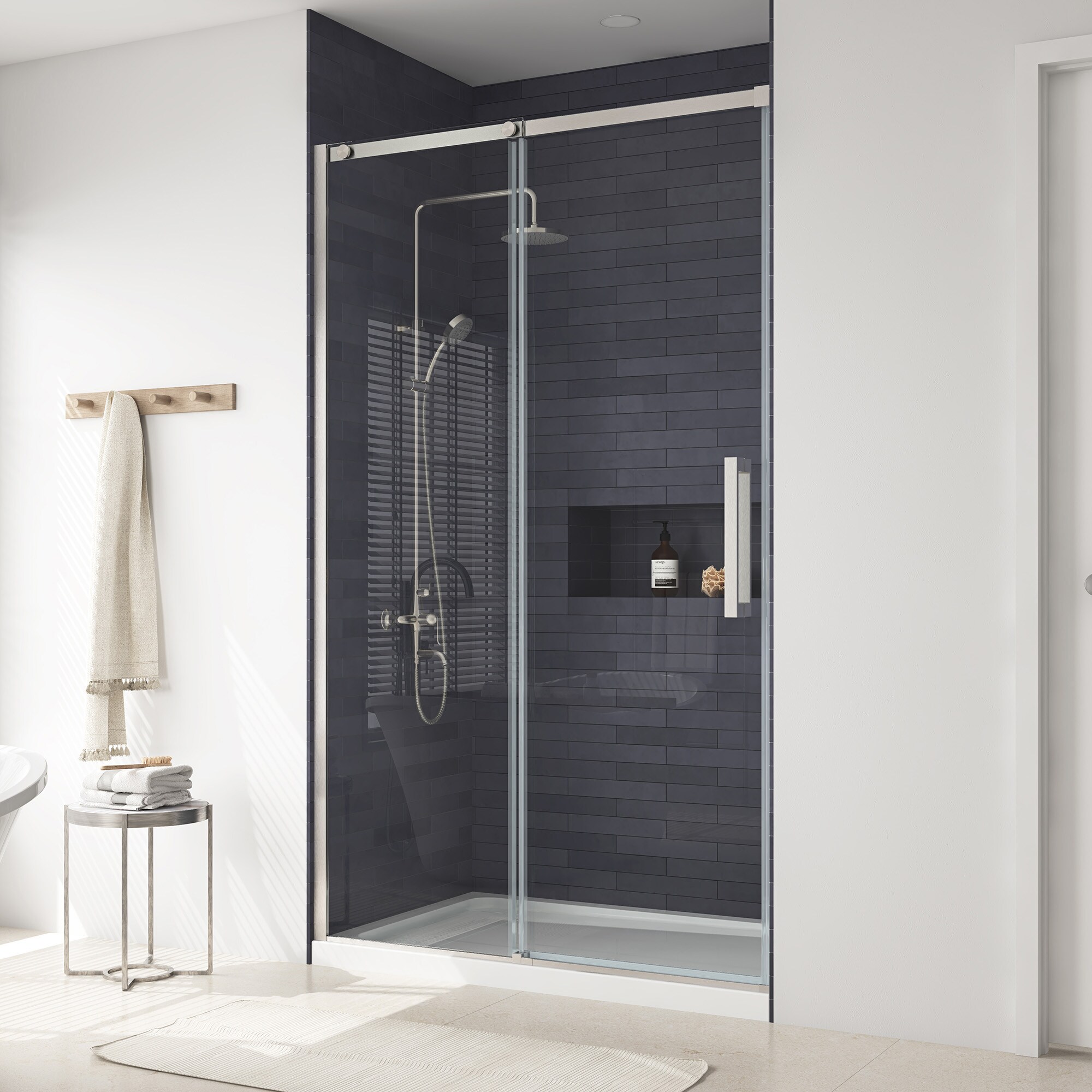 ANZZI 76 x 48 inch frameless shower door in brushed nickel  rhodes water  repellent glass shower door with seal strip handle parts