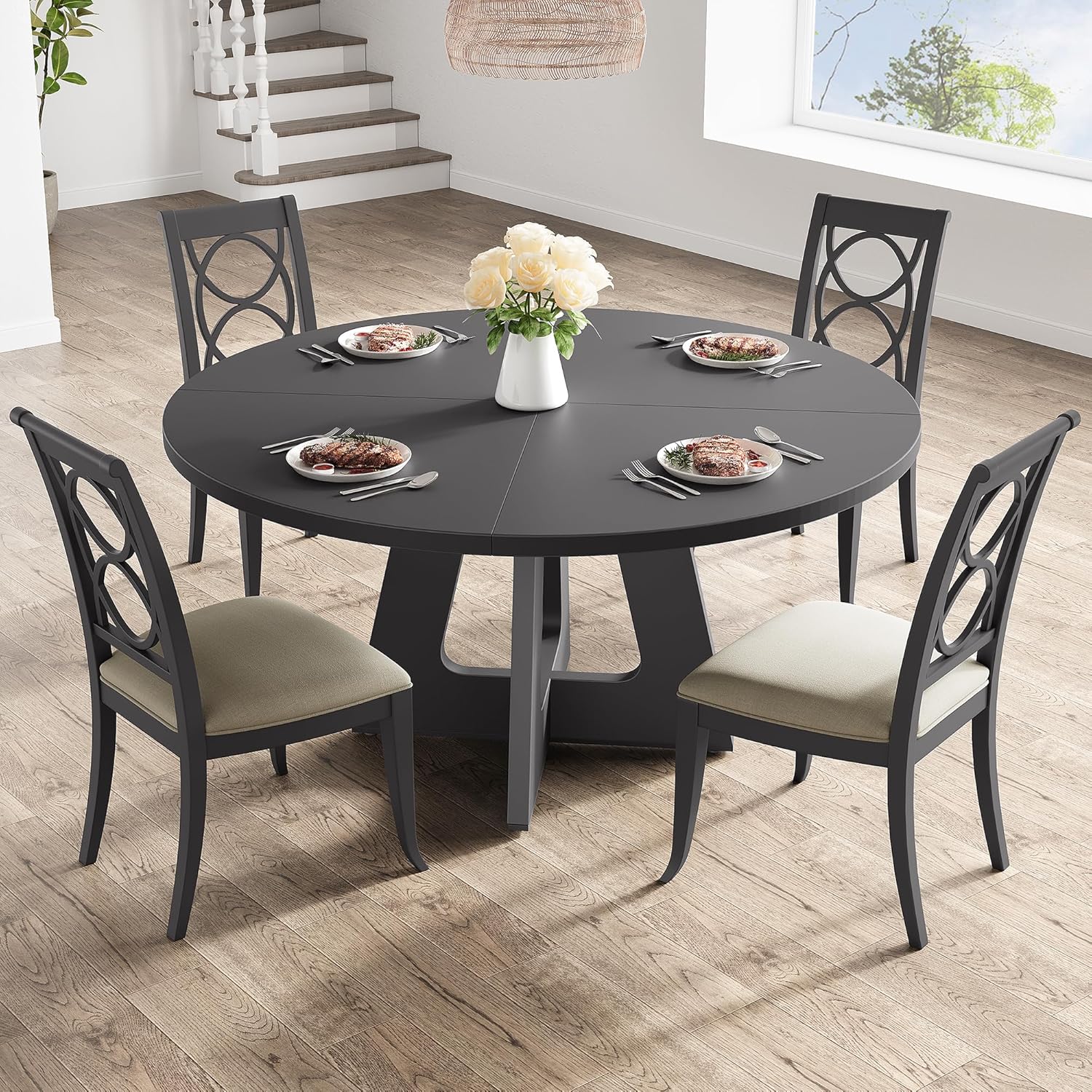 Qeetex LHF-CZ-H591738 47 Inch Round Farmhouse Dining Table for 4-6 with Gray Wooden Top and Legs – Large Rustic Table for Home Dining Room or Living Room (No Chairs)-Black