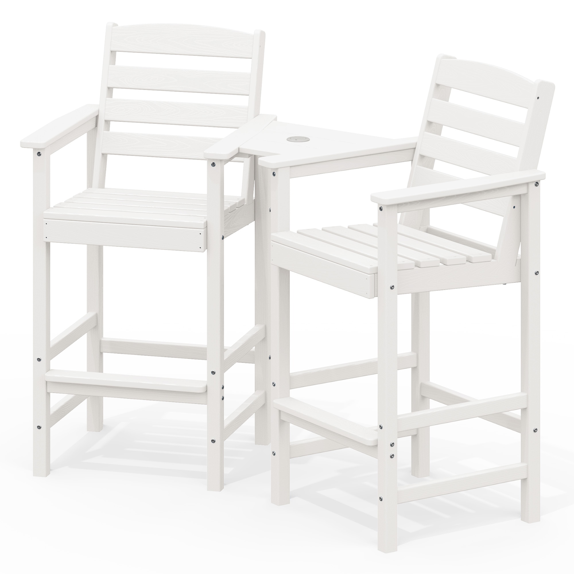 VOUA JYLTGBY-WE HDPE Patio Adirondack Chairs Set of 2 with Connecting Tray Set of 2 White HDPE Frame Stationary Adirondack Chair with Slat Seat