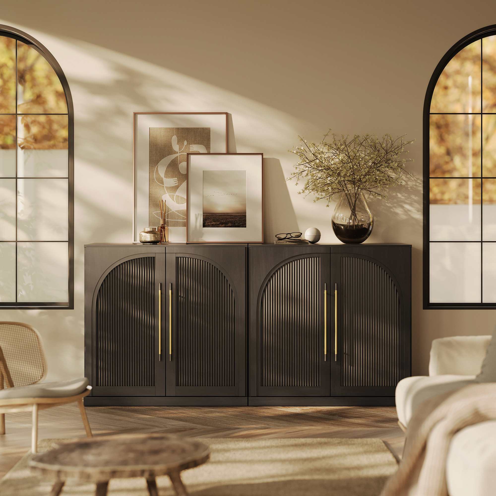 Belleze  Ebony Set of 2 Modular Sideboard with Double Arc Wood Doors and Adjustable Shelves