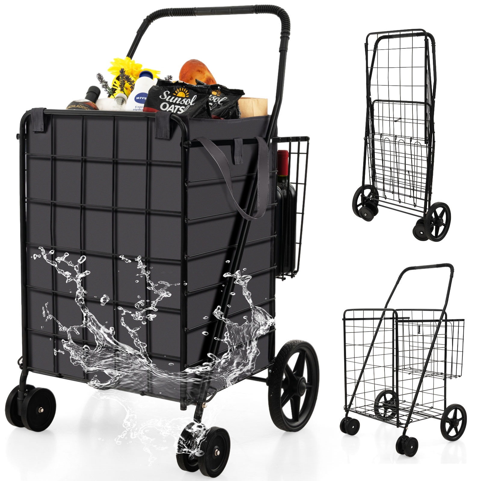 Costway  Shopping Cart with Oxford Liner Folding Grocery Cart Universal Front Wheels 32 Gal Large Capacity