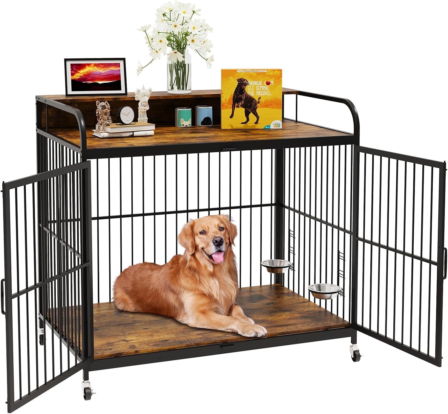 Qeetex QET-PH-QJ89045 Dog Crate 40 Inch Furniture Style Wooden Dog Crate with Shelf/Wheels/ 2 Stainless Steel Bowls Large Dog House XL Dog Kennel End Table Pet Crate Dog Cage Indoor for Medium Dogs Rustic Brown