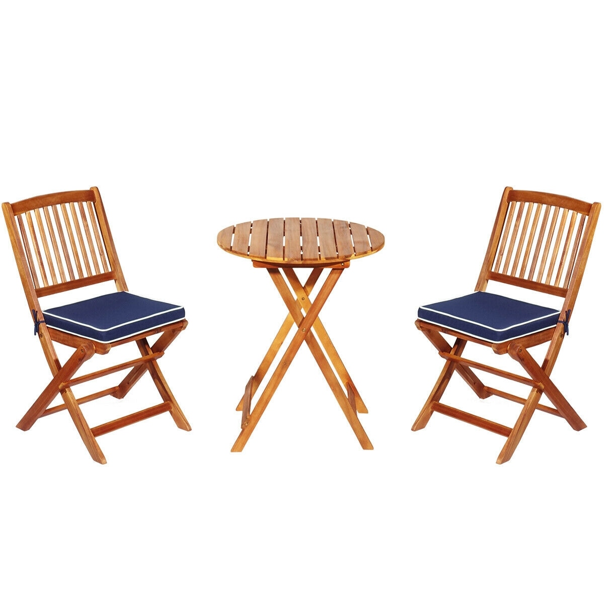 CASAINC WF-HW65875NY-LA 3PCS Patio Folding Wooden Bistro Chair with Set Cushioned 3 -Piece Patio Conversation Set with Blue Cushions