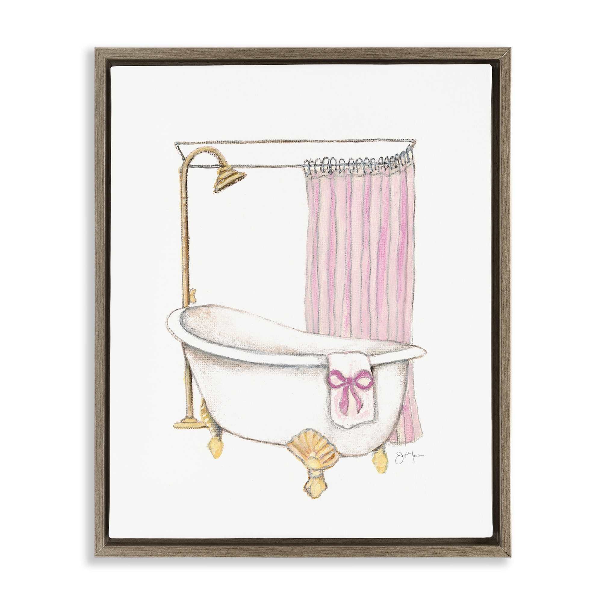 Stupell Industries BT-968-FFE-24X30 Simple Bathtub with Bow Brown Framed Floater Canvas Wall Art By Janet Tava 25 x 31