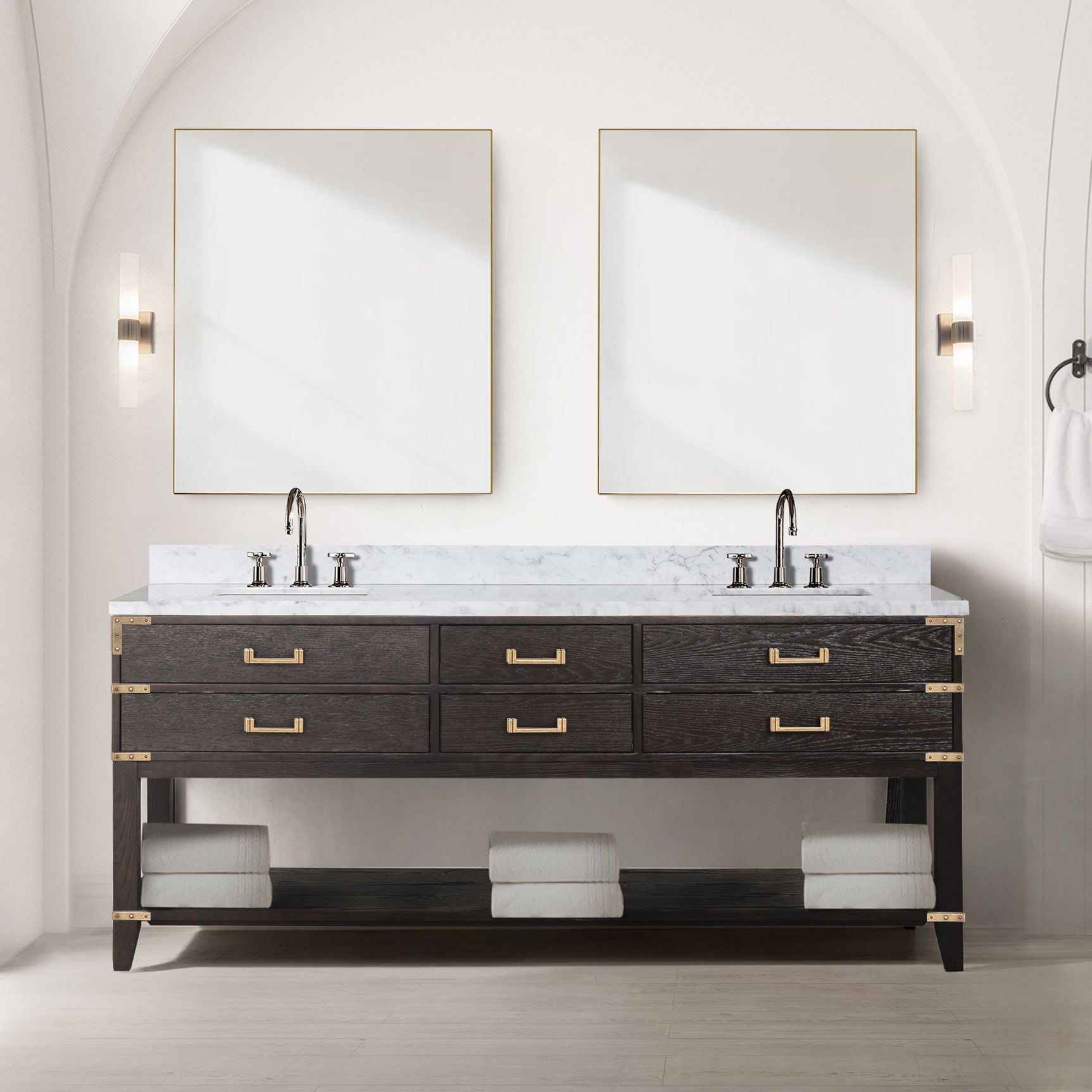 Lexora LVGR80DK101 Greenberg 80-in Brown Oak Undermount Double sink Bathroom Vanity with White Carrara Marble Marble Top (Faucet Included)