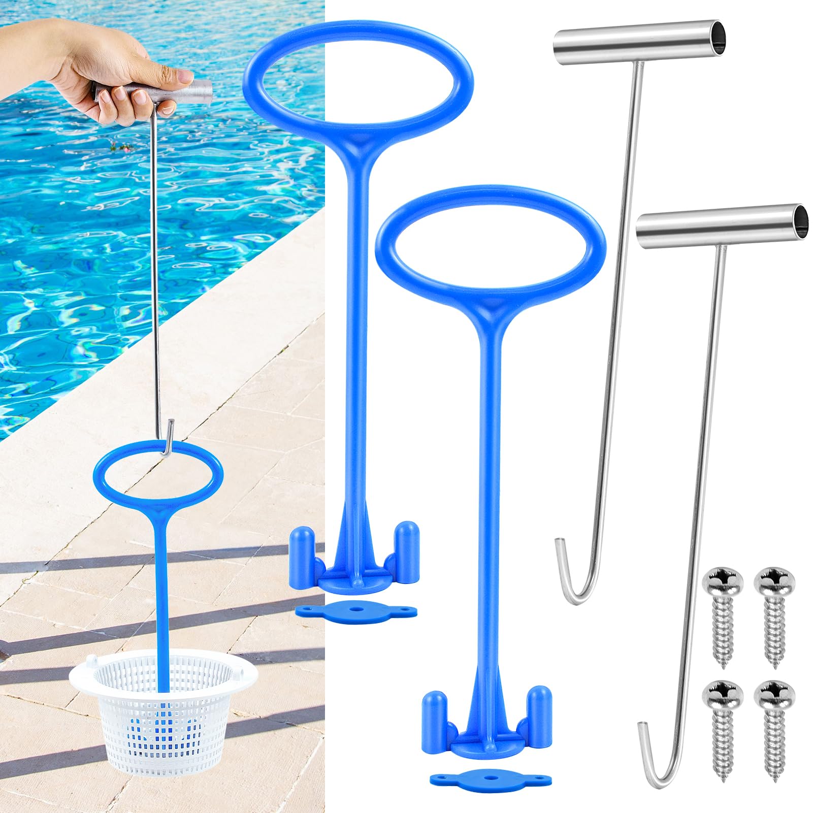Ahfiwaso  2 Sets Skimmer Basket Handle Universal Swimming Pool Skimmer Basket Handle Hook for Debris Removal Fits All Inground Pool Skimmer