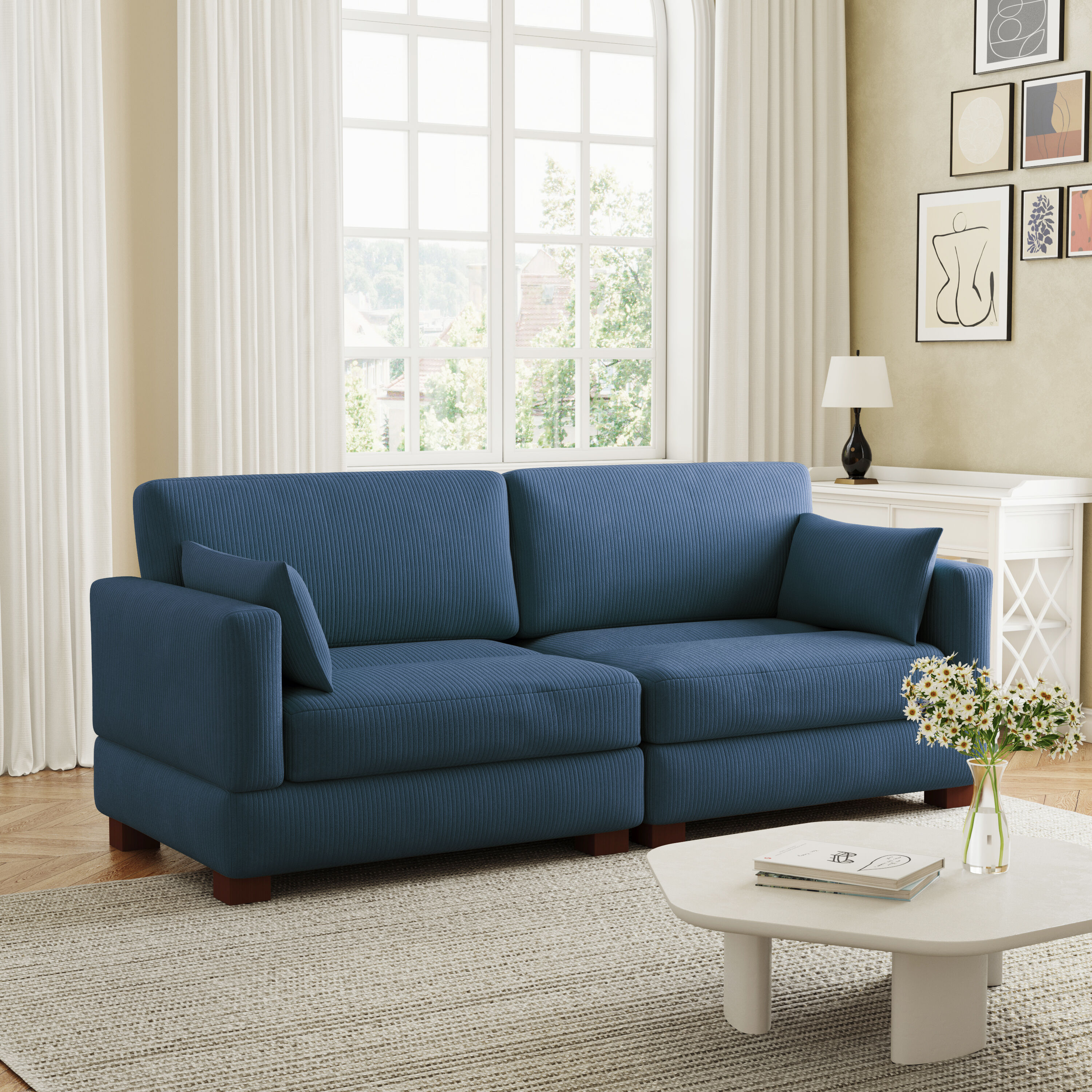 Dreamsidea - Sectional Sofa Loveseat 85.9 inch W Modular Corduroy Seating with Solid Wood Frame a...