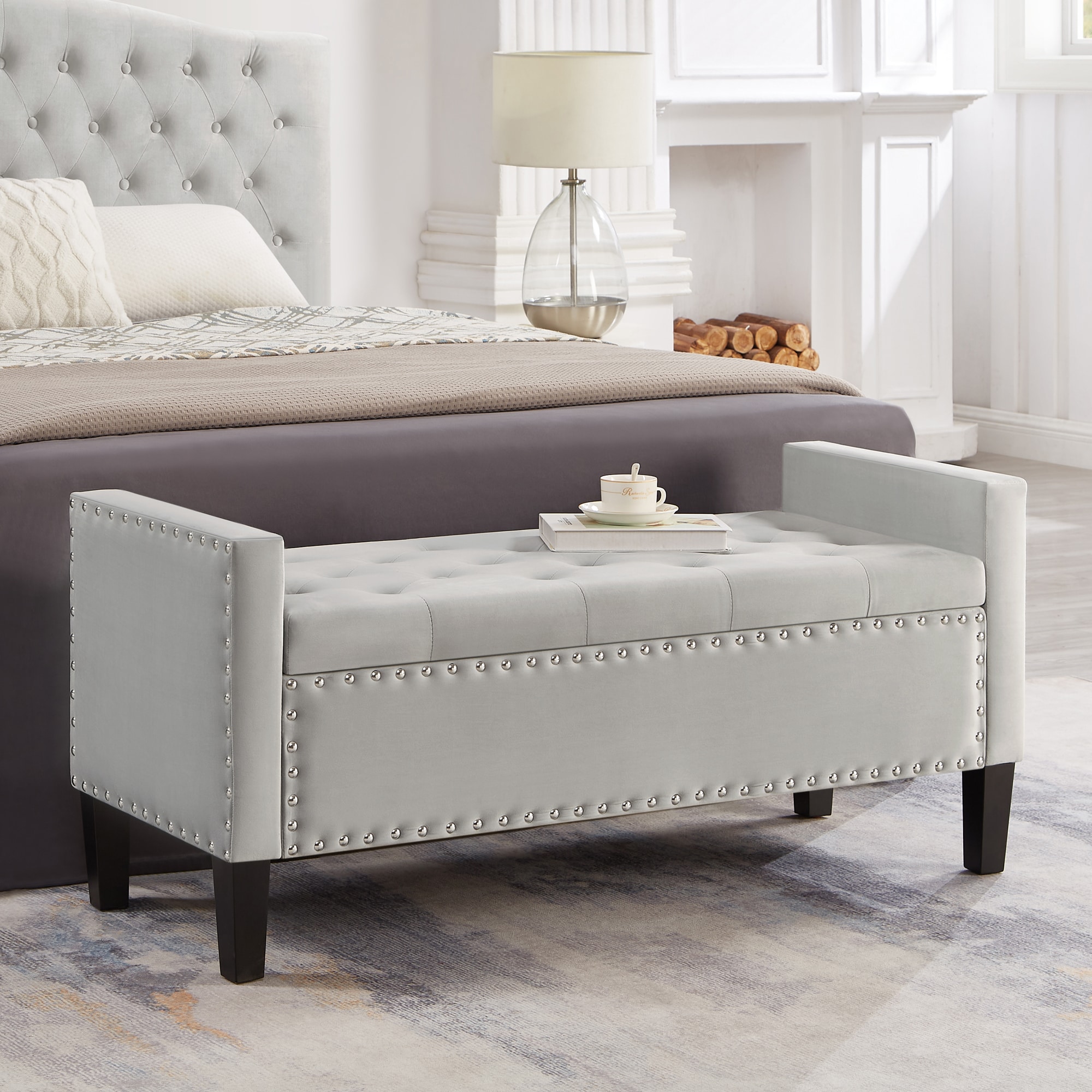 Tatayosi JL86139087 Upholstered Tufted Button Storage Bench with nails trim Entryway Living Room Soft Padded Seat with Armrest Bed Bench-Gray