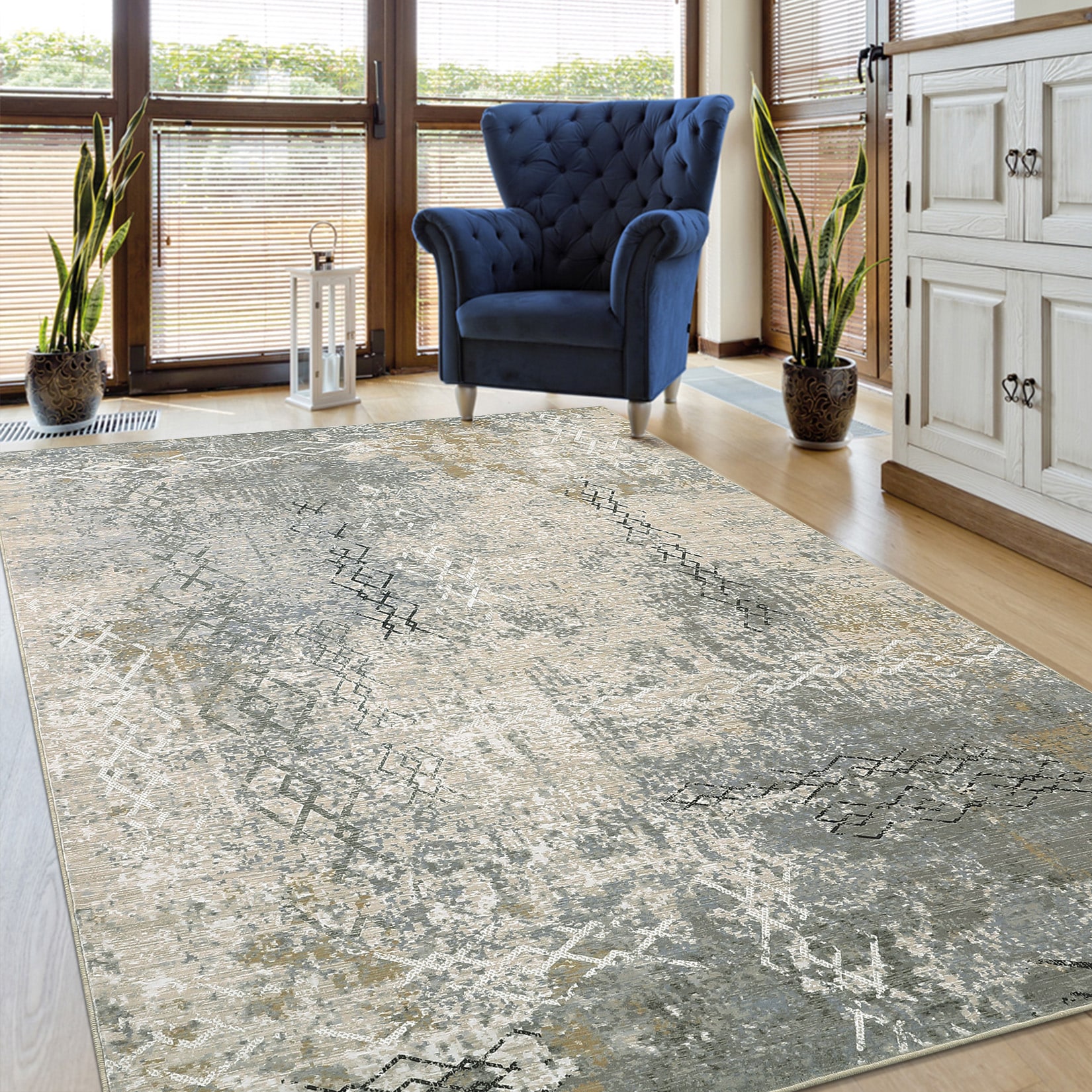 Garvee YXY-LO-PHO-13OVB8B8 8 x 10 (ft) Polyester Beige Rectangular Indoor Abstract Mid-Century Modern Machine washable Area rug