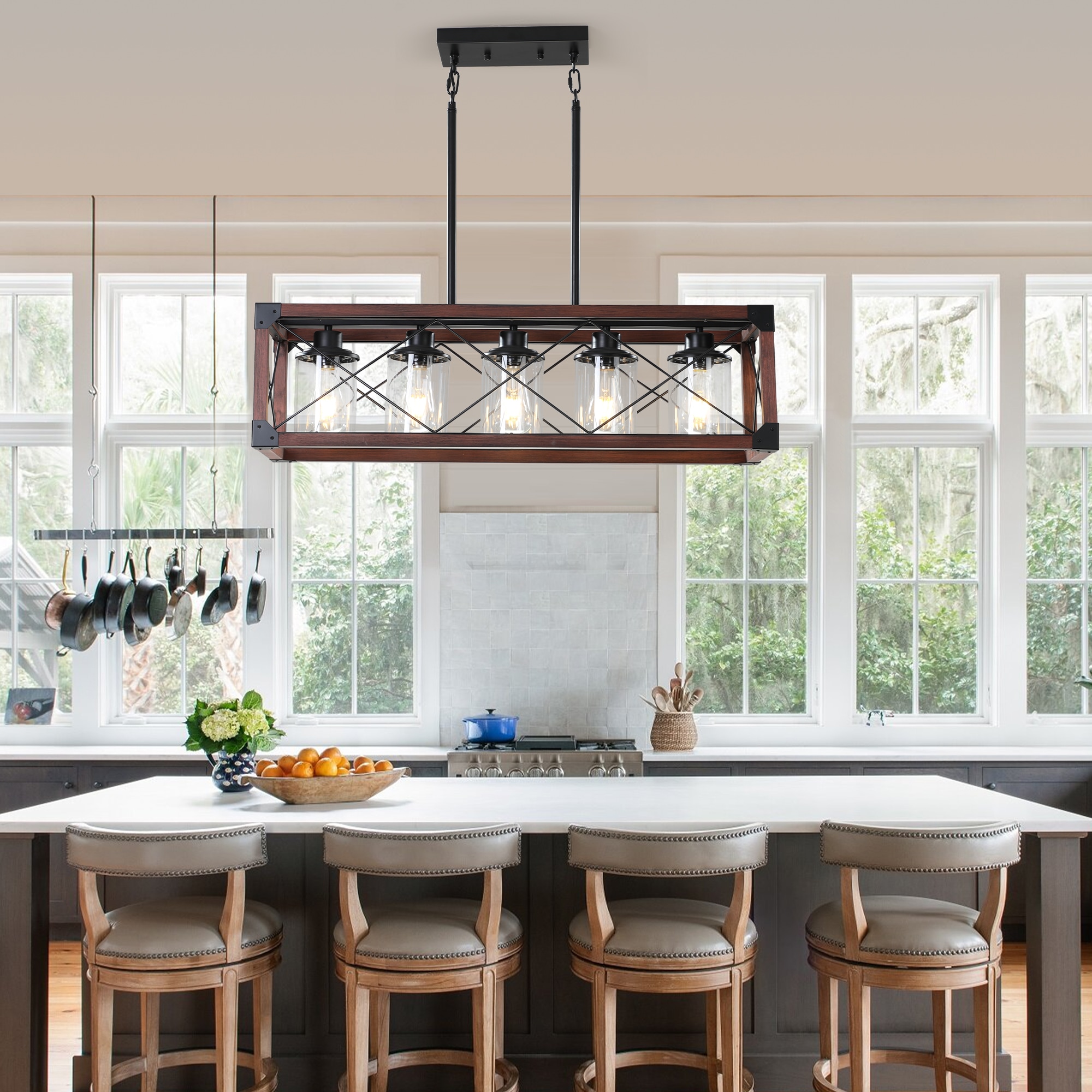 WELLFOR DLG-206646 5 -Light Black and Walnut Farmhouse Clear glass Linear Large Hanging Pendant light
