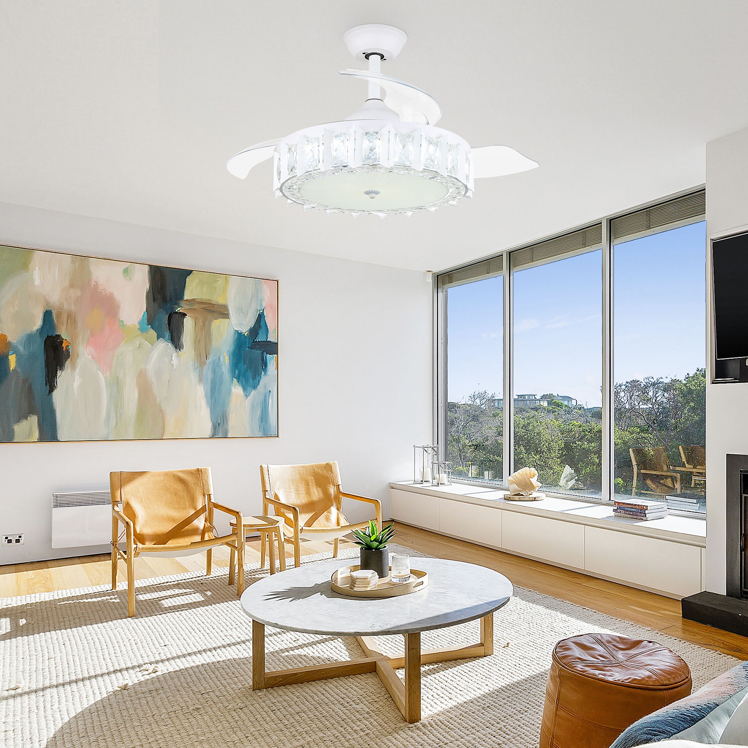 Cusp Barn BD3656-W BD3656 36-Inches White with Acrylic Blades Color-Changing Indoor Downrod mount Standard Ceiling Fan With Light and Remote ( 3 -Blade)
