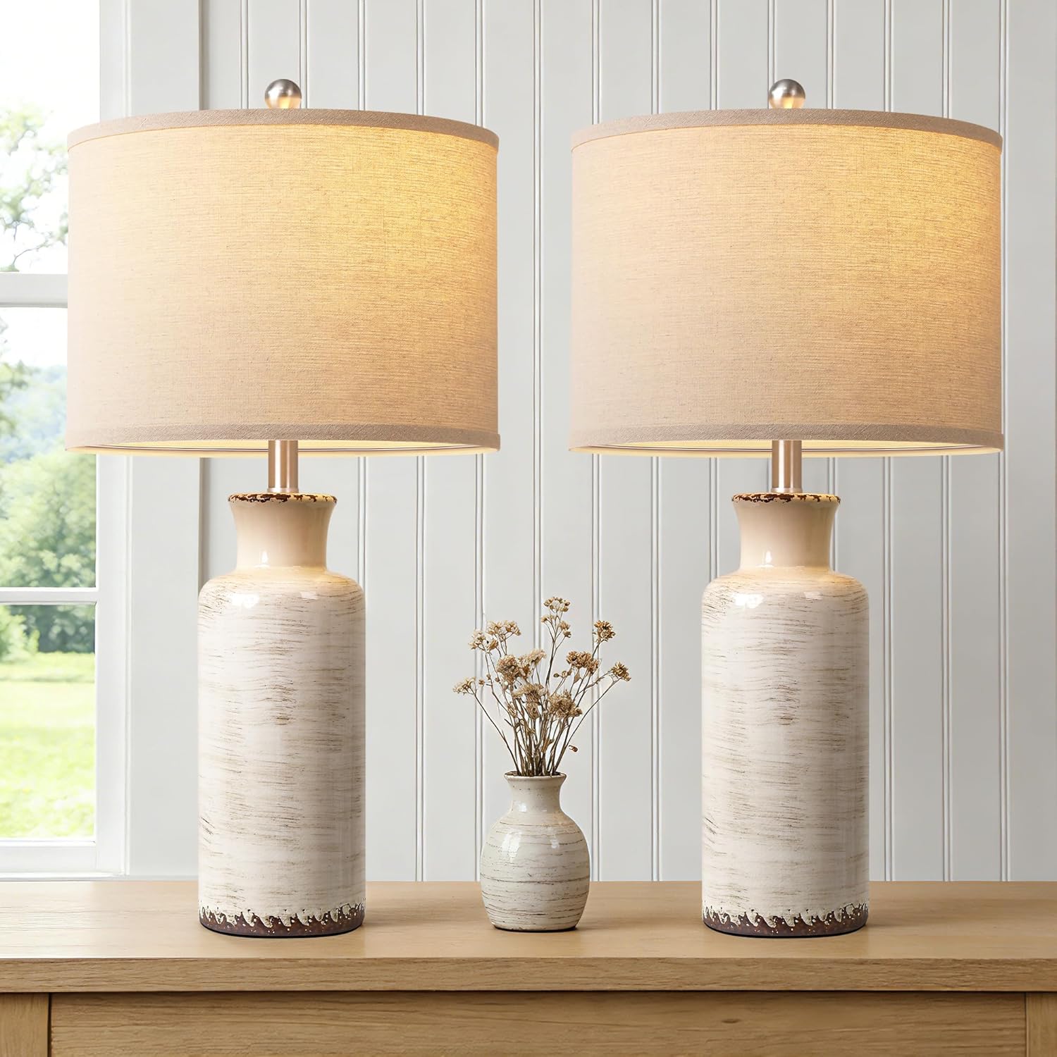 Cinoton - Modern Lamps for Living Room Unique Flowing Glazes Ceramic Table Lamp Set of 2 with Lin...