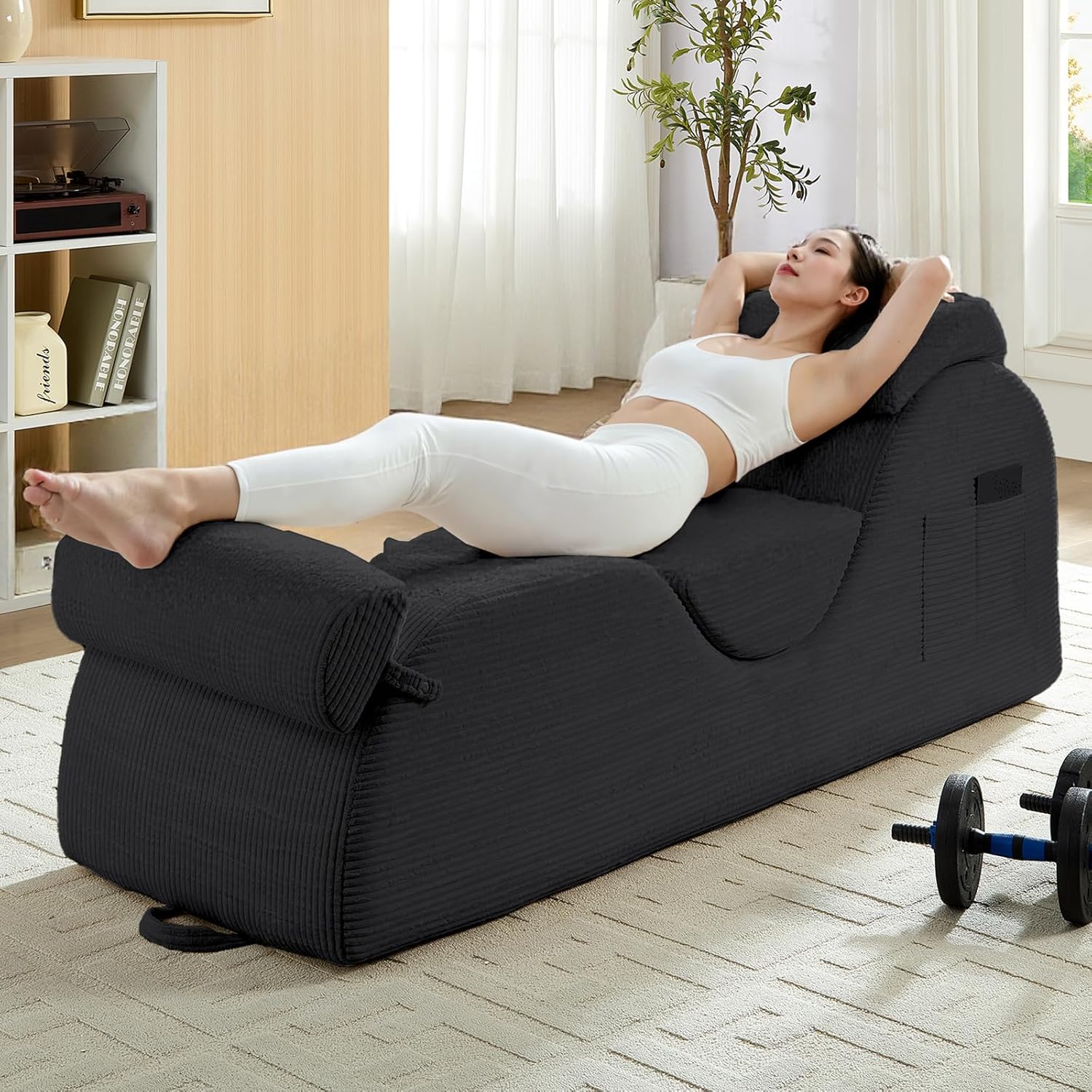 Mjkone - Curved Yoga Chaise Lounge Chair Dark Grey Corduroy With Side Pockets Headrest Waist Cush...
