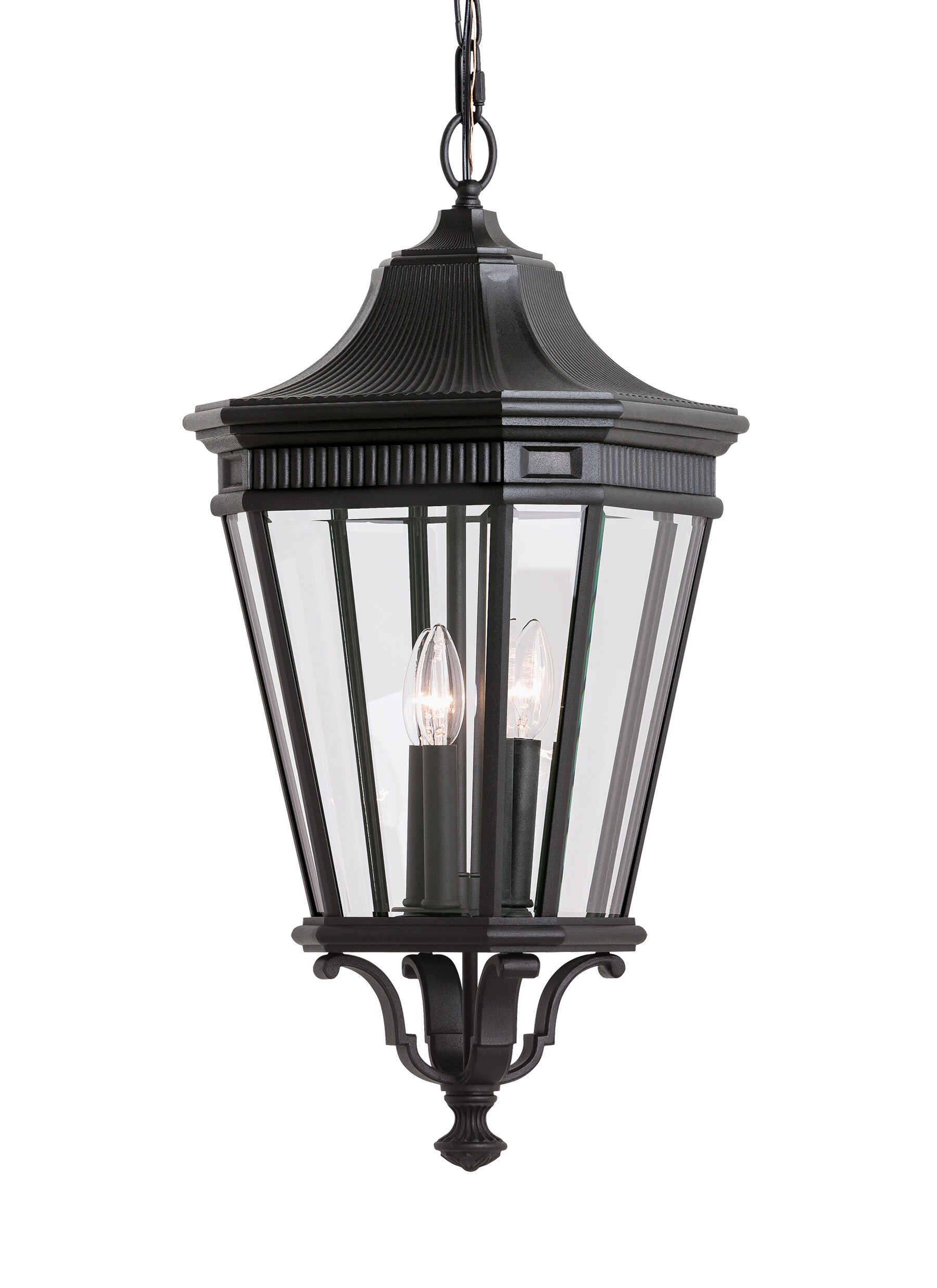 Generation Lighting OL5412BK Cotswold Lane 3 -Light Black Traditional Clear glass Lantern Large Outdoor Hanging Pendant light