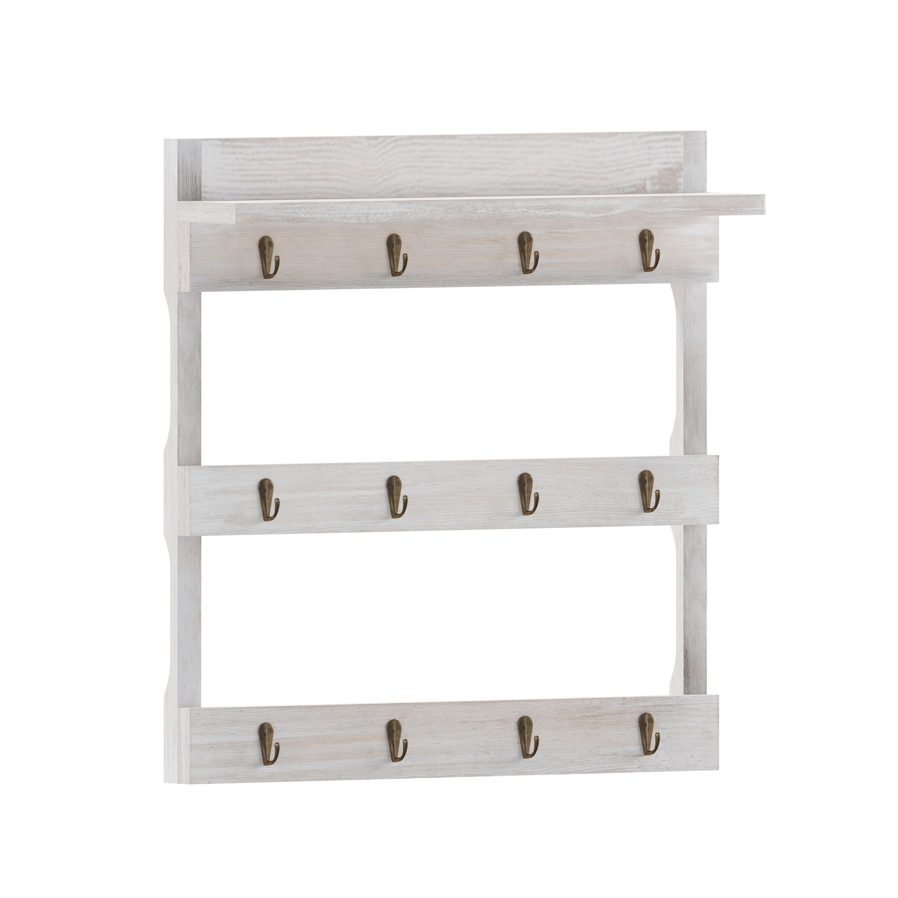 Flash Furniture 196861030536 Campbell Wooden Wall Mount 12 Cup Mug Rack Organizer with Upper Storage Shelf and Metal Hanging Hooks with No Assembly Required; Whitewashed