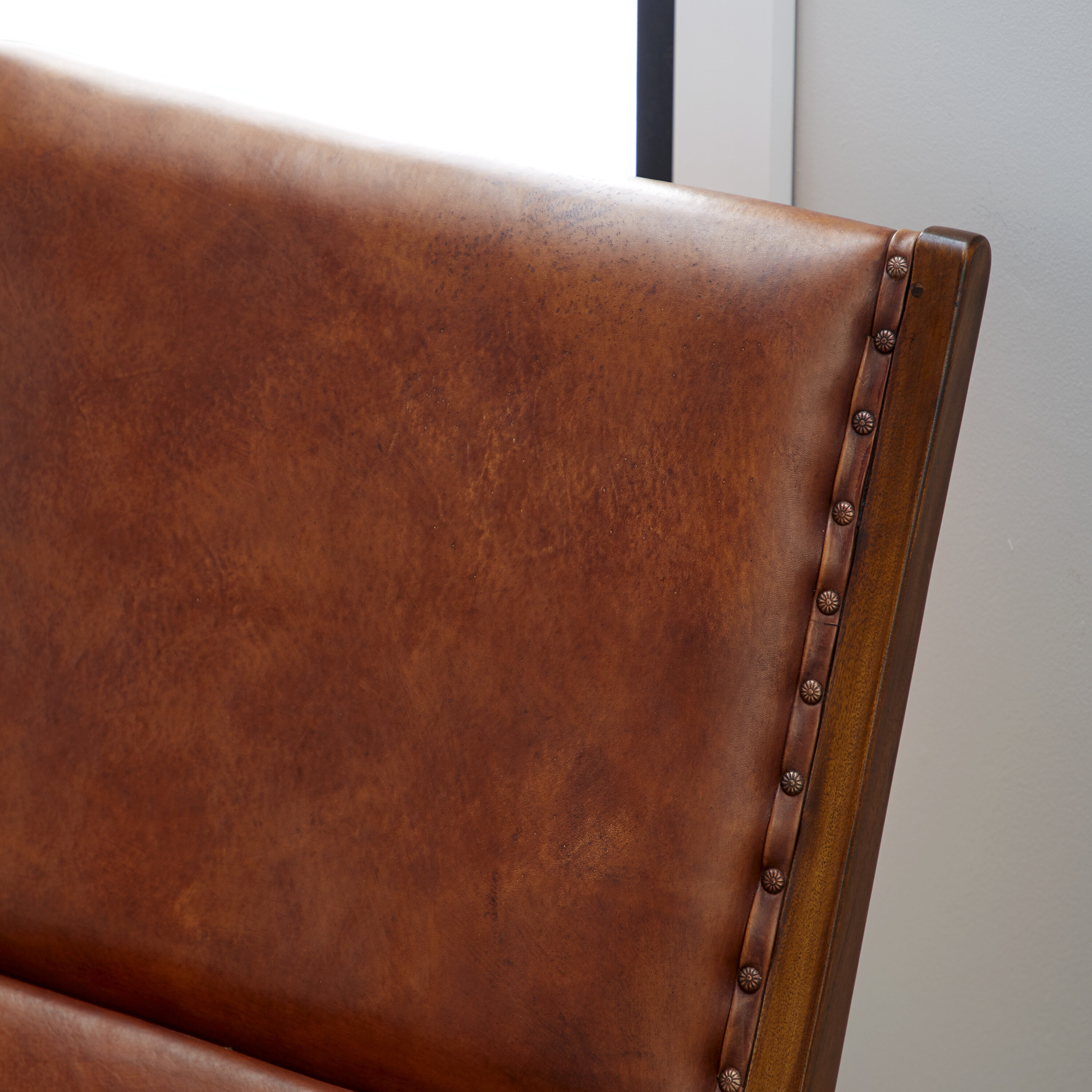 Set of 2 Brown Teak Wood Leather Accent Chairs with Ottoman