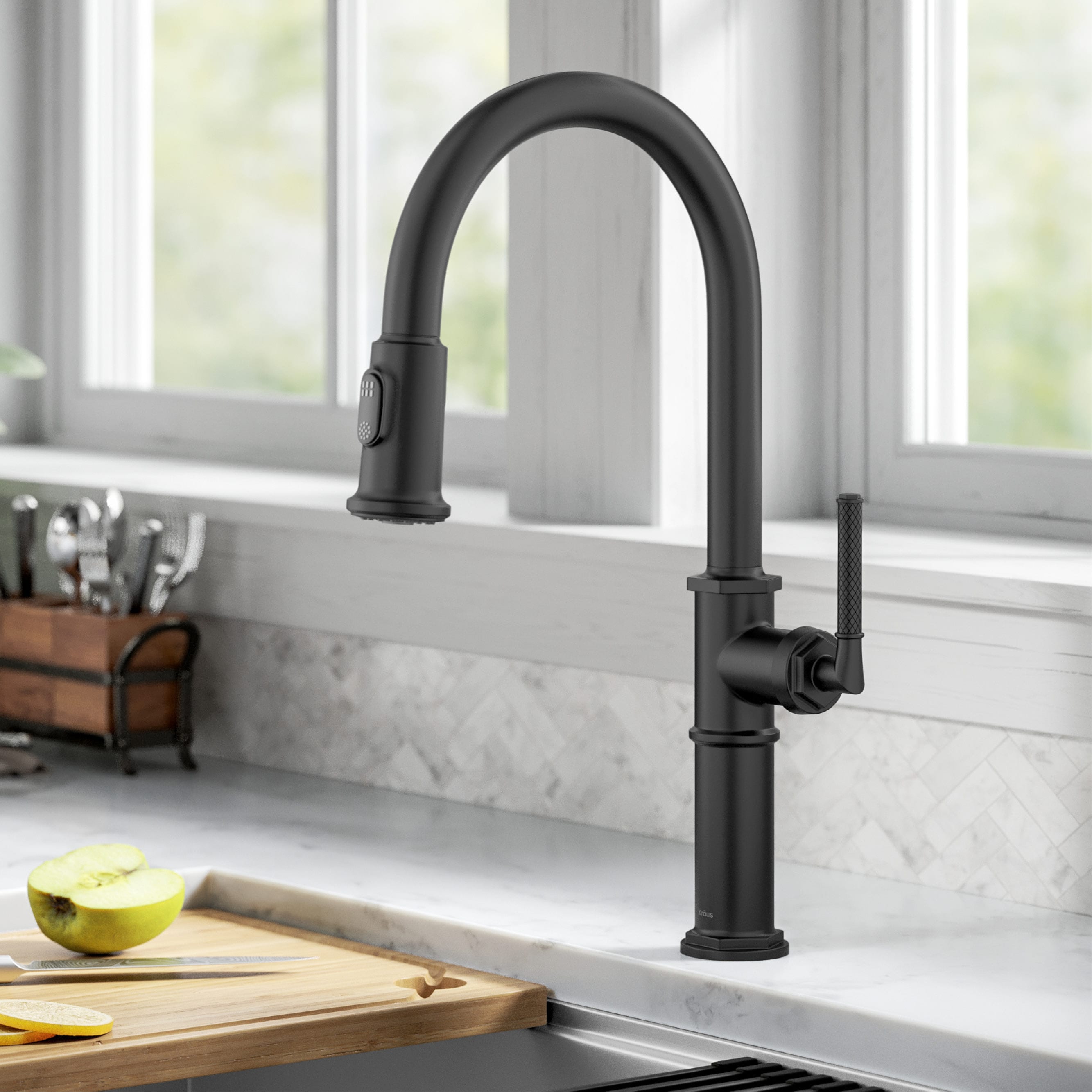 Kraus KPF-4100MB Allyn Matte Black Single Handle Deck-mount Kitchen Faucet with Sprayer