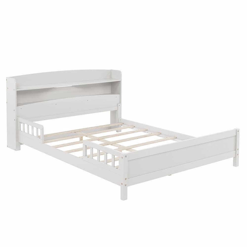 JUJABU EB410-06 White Full Pine Wood Bed with Bookcase Headboard LED Motion Sensor Light
