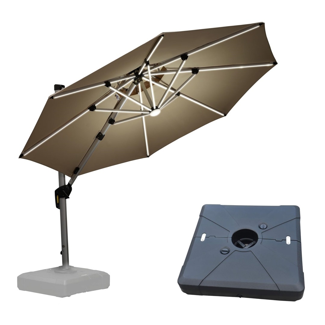 PURPLE LEAF LSGLRRDT11-KKWB 11-ft Aluminum Beige Crank Cantilever Patio Umbrella with Lights and with Base