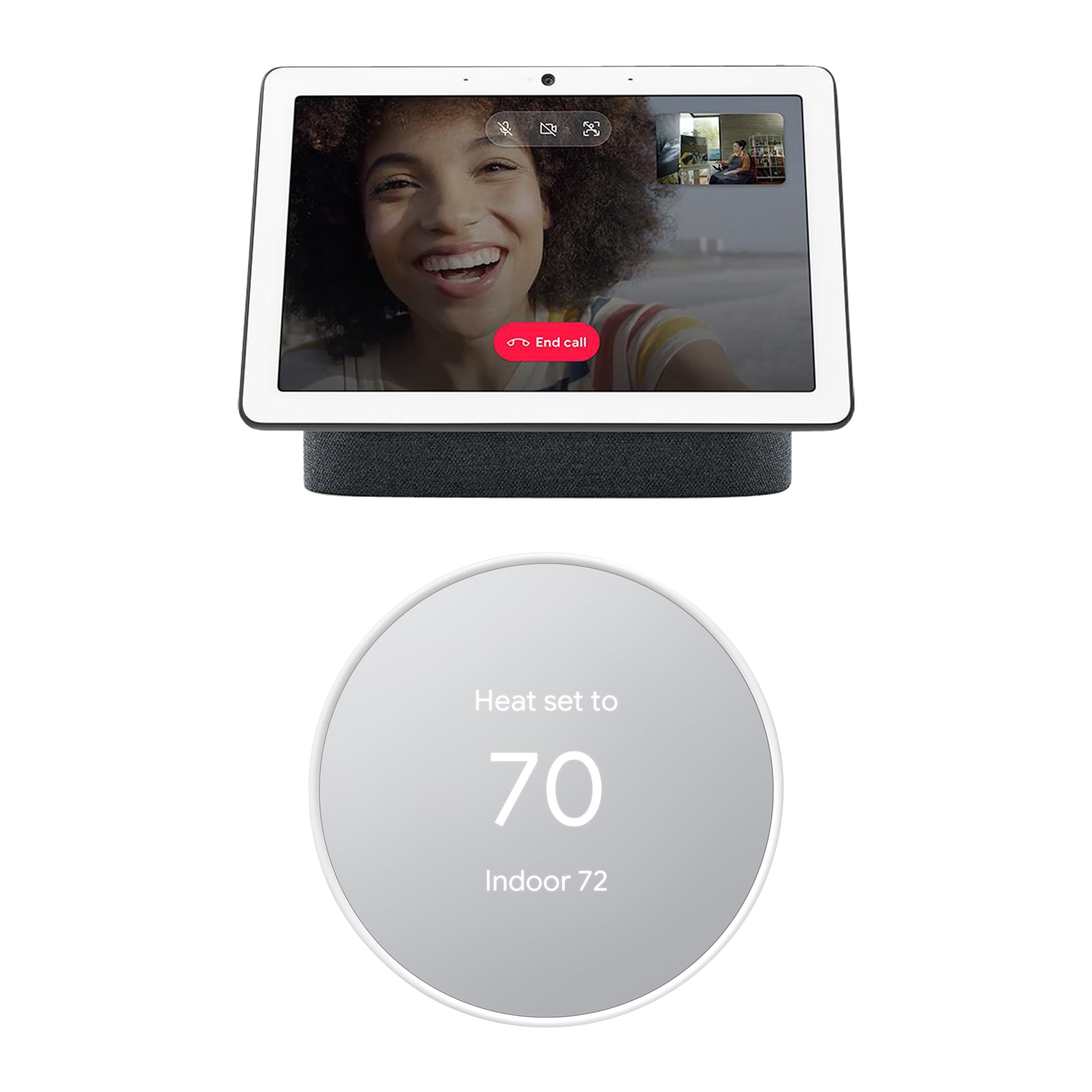 Shop Google Nest Hub Max in Charcoal + Nest Thermostat in Snow at