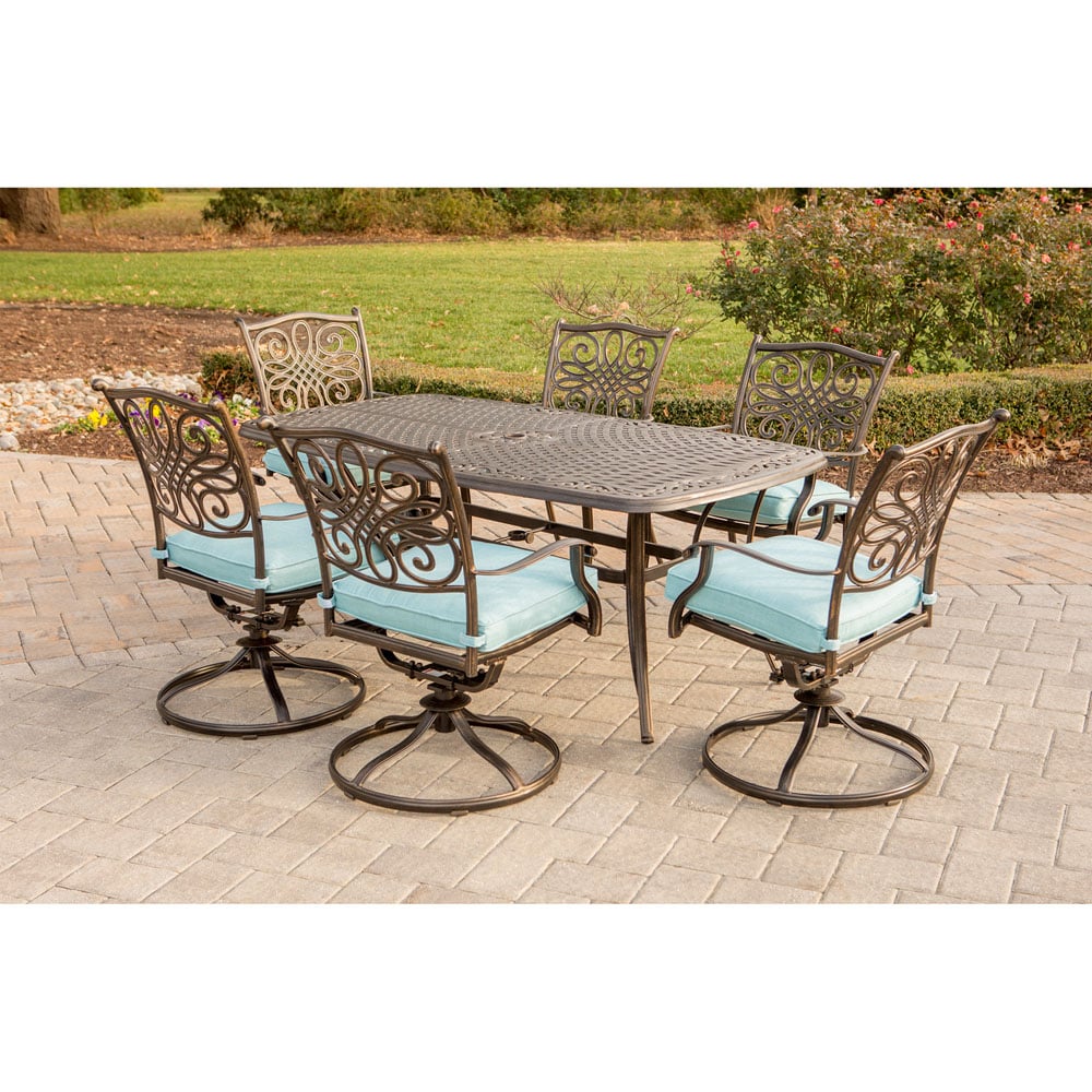 Bronze Aluminum Outdoor Dining Set with Blue Cushions