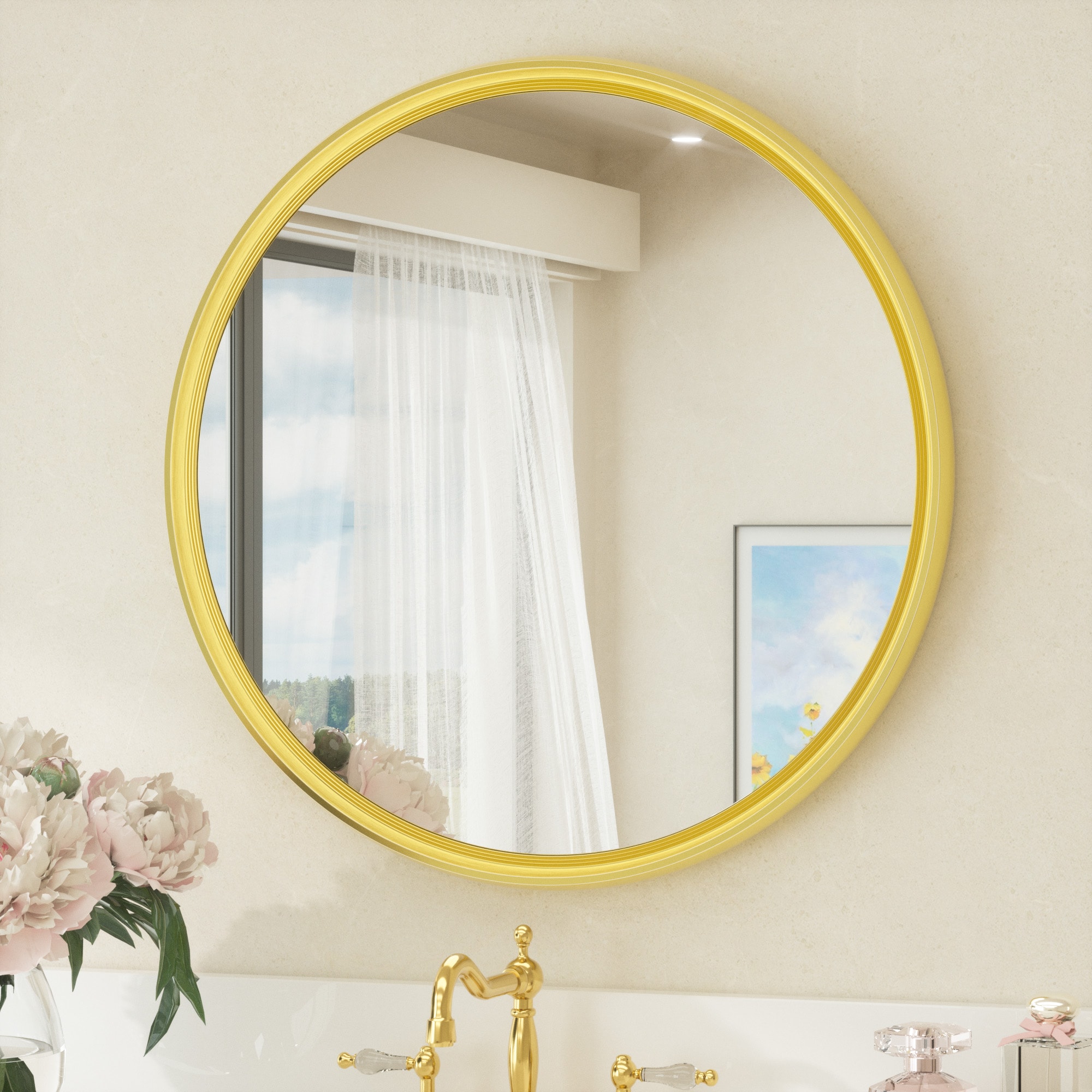 Keonjinn LW-YX18-R46GD Bathroom Mirrors 18-in W x 18-in H Round Brushed Gold Beveled Wall Mirror
