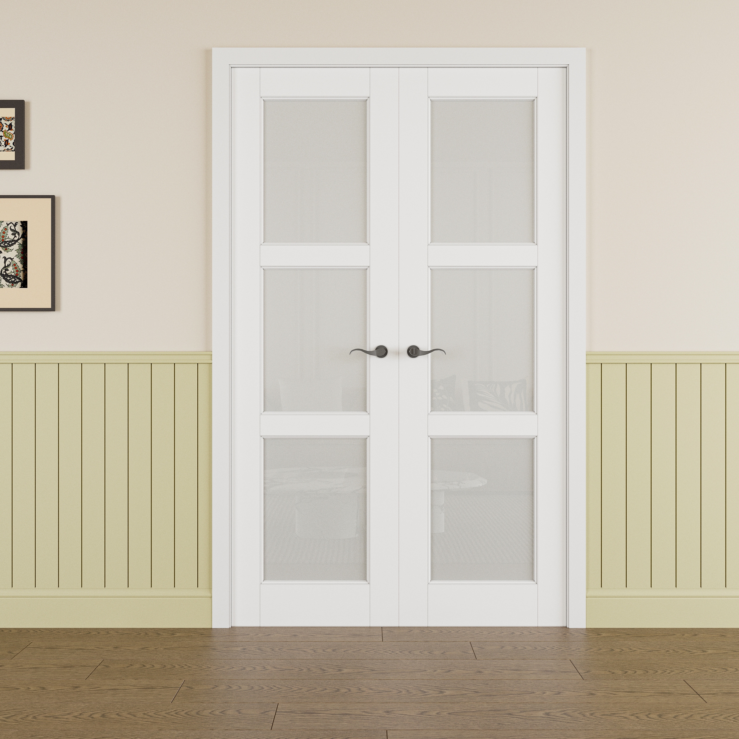 JUJUBON IN-P-FPR-FR-SGMS-56 Traditional 56-in x 80-in White MDF Full lite Frosted glass Prehung Interior French Door (Hardware Included)