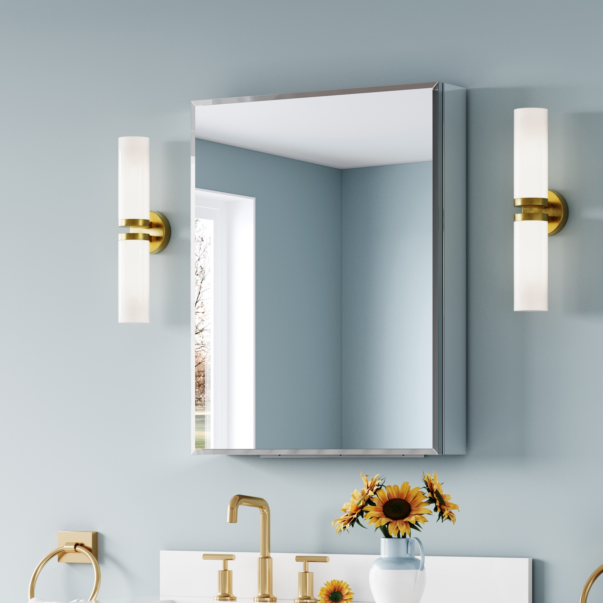 ANGELES HOME  24-in x 30-in Surface/Recessed Mount Anodized Chrome Aluminum Mirrored Rectangle Soft Close Medicine Cabinet