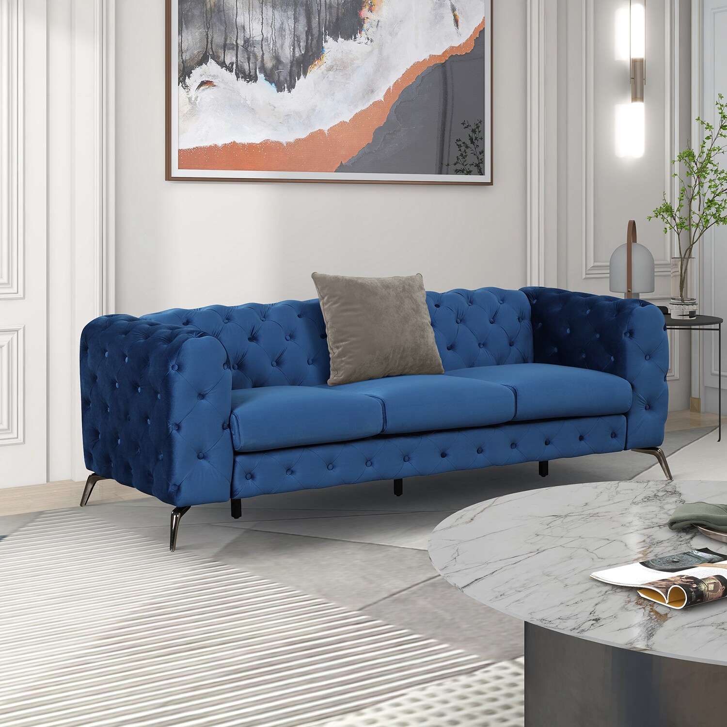 Bybafun Rustic 3-Piece Velvet Blue Living Room Set in the Living Room ...