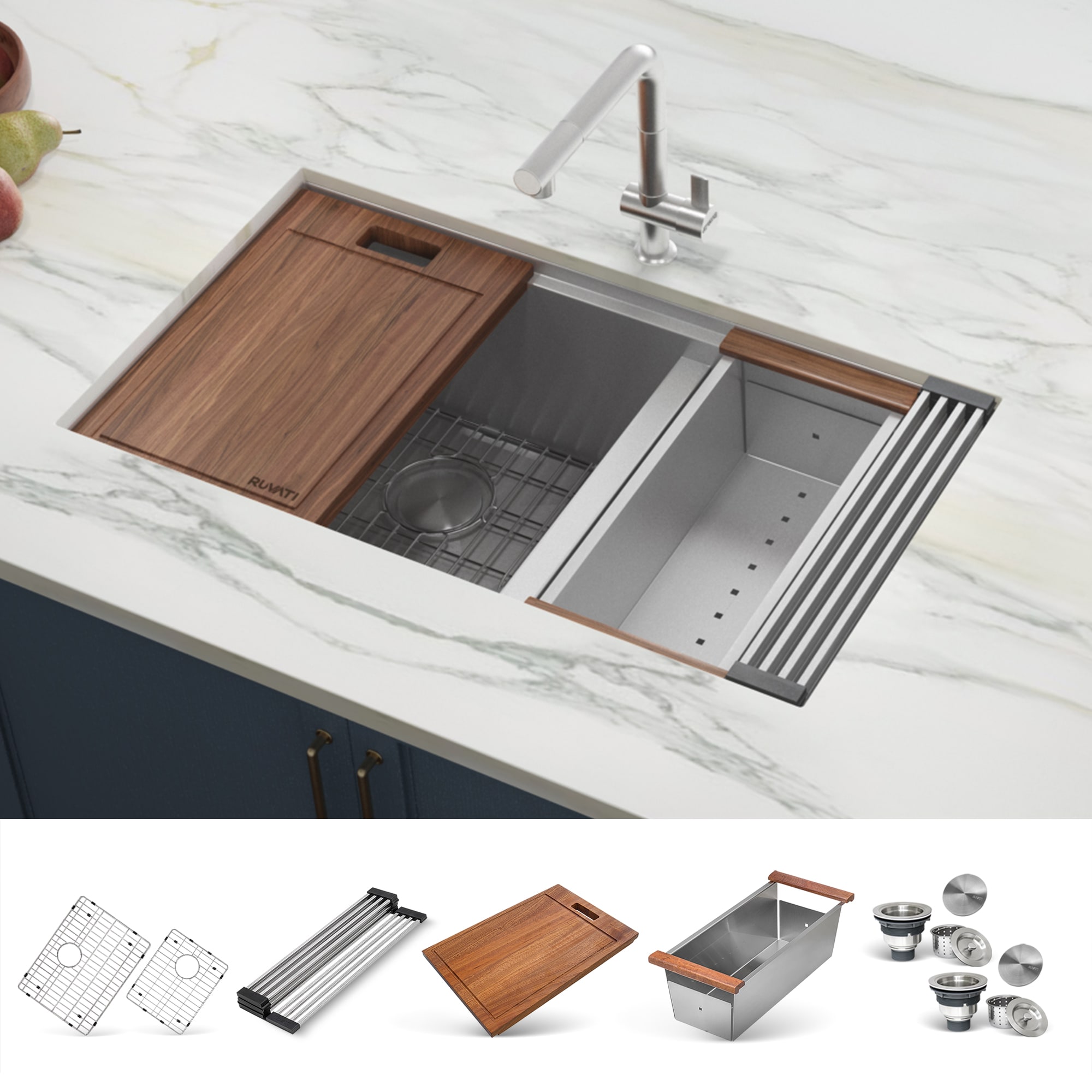 Ruvati RVH8359 Roma Undermount 36-in x 19-in Stainless steel Double offset bowl 16 -Gauge Workstation Kitchen Sink