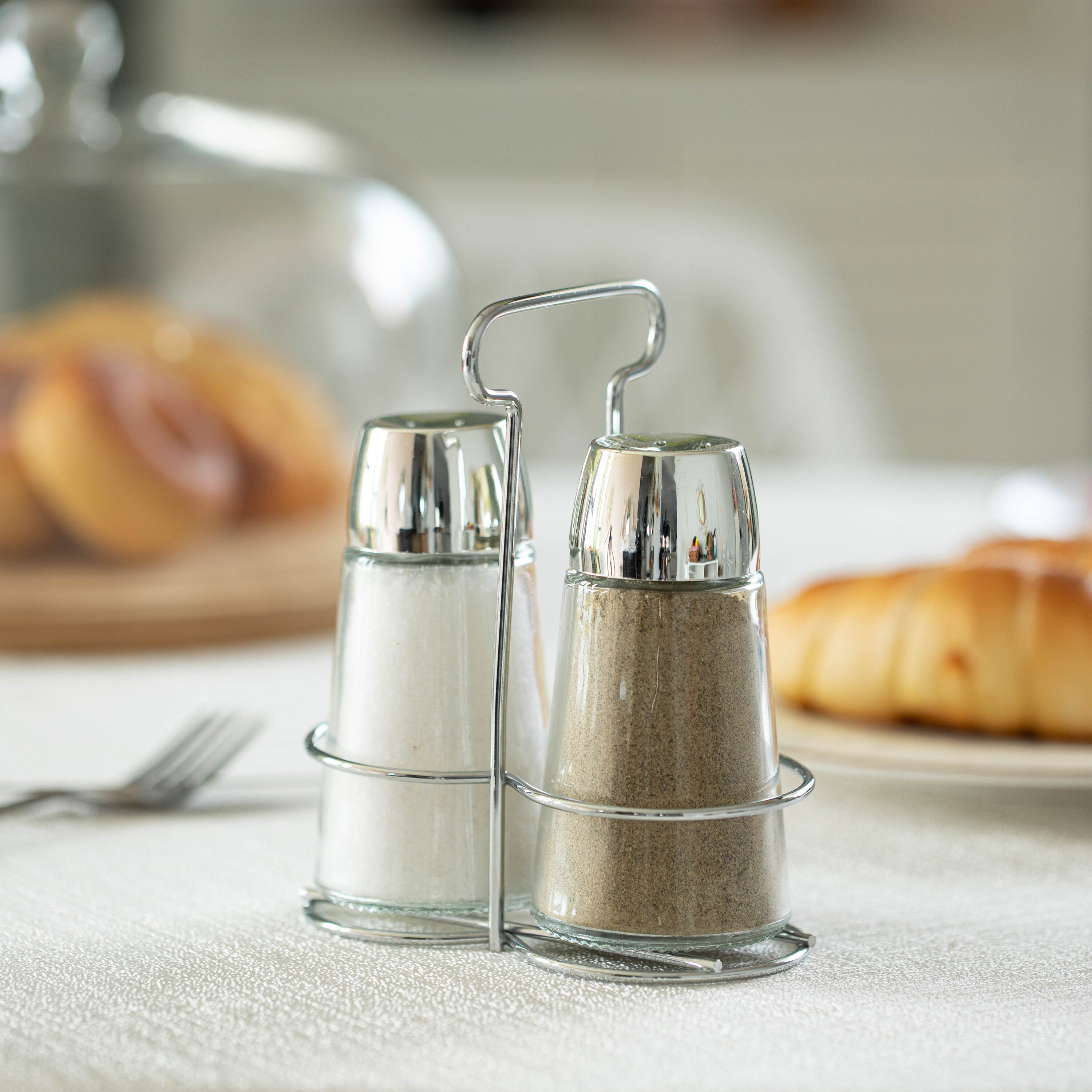 Elegant Glass Salt and Pepper Shaker Set with Stainless Steel Holder