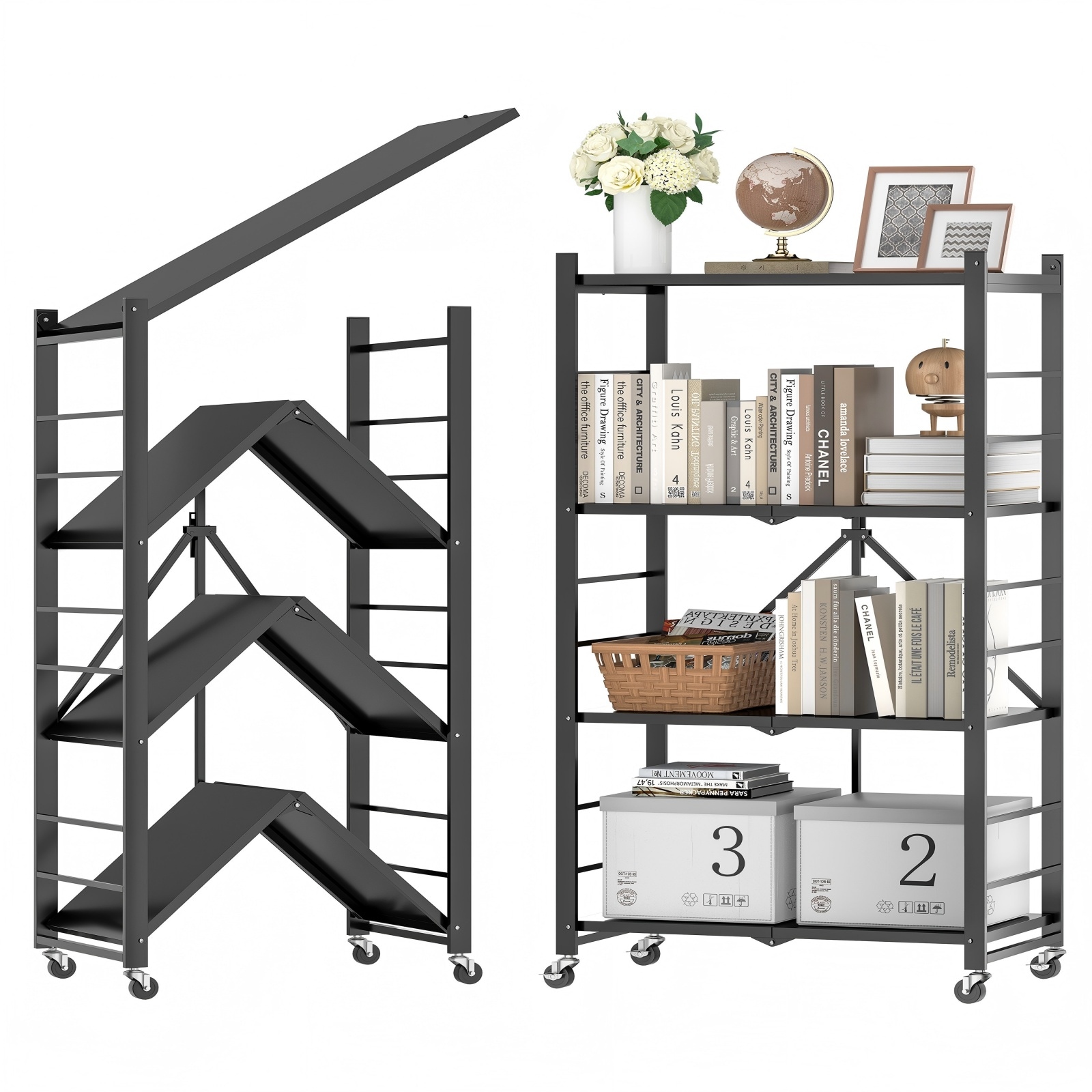 Fenbeli ZMMLSZ3015-4B 4-Tier Foldable Storage Shelves Metal Storage Rack with Wheels and Hooks