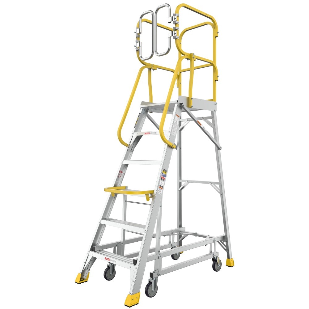 Taoi Fxio 6 Step Aluminum Rolling Platform Ladder 375lb Capacity 360 Guardrail Transport Wheels ANSI A14.7 2020 Compliant for Job Site Use