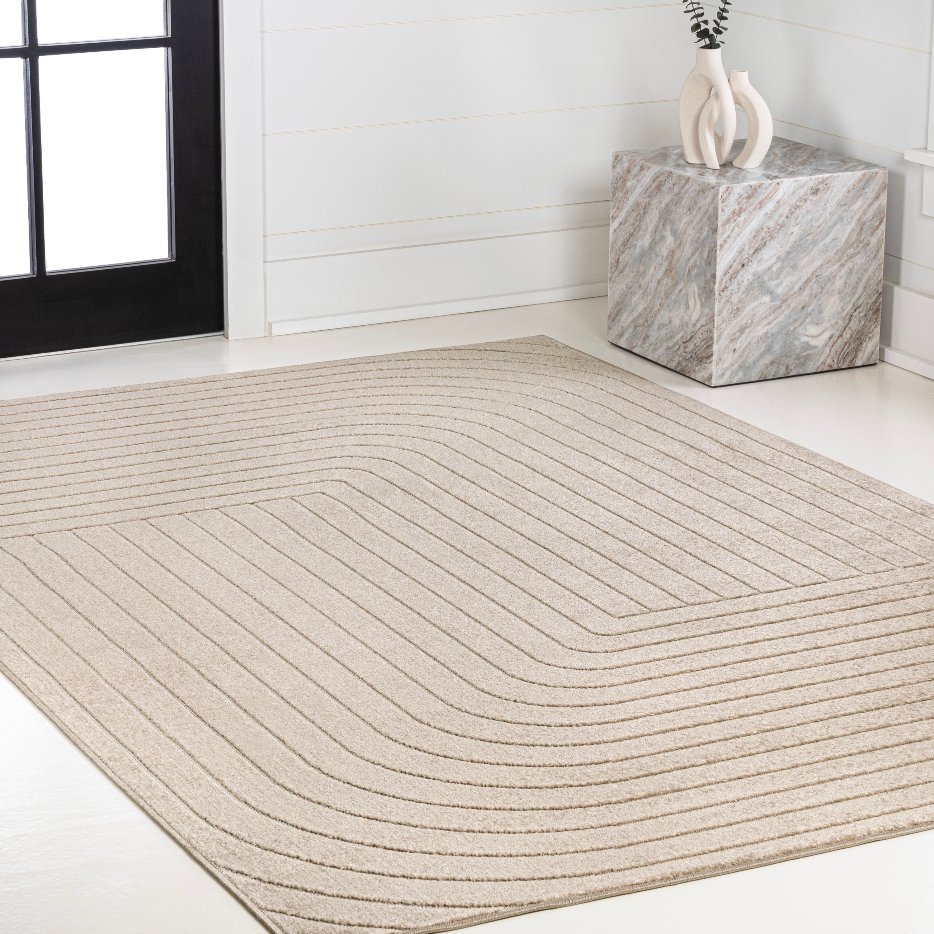 Beige and Cream 8' x 10' Striped Synthetic Area Rug