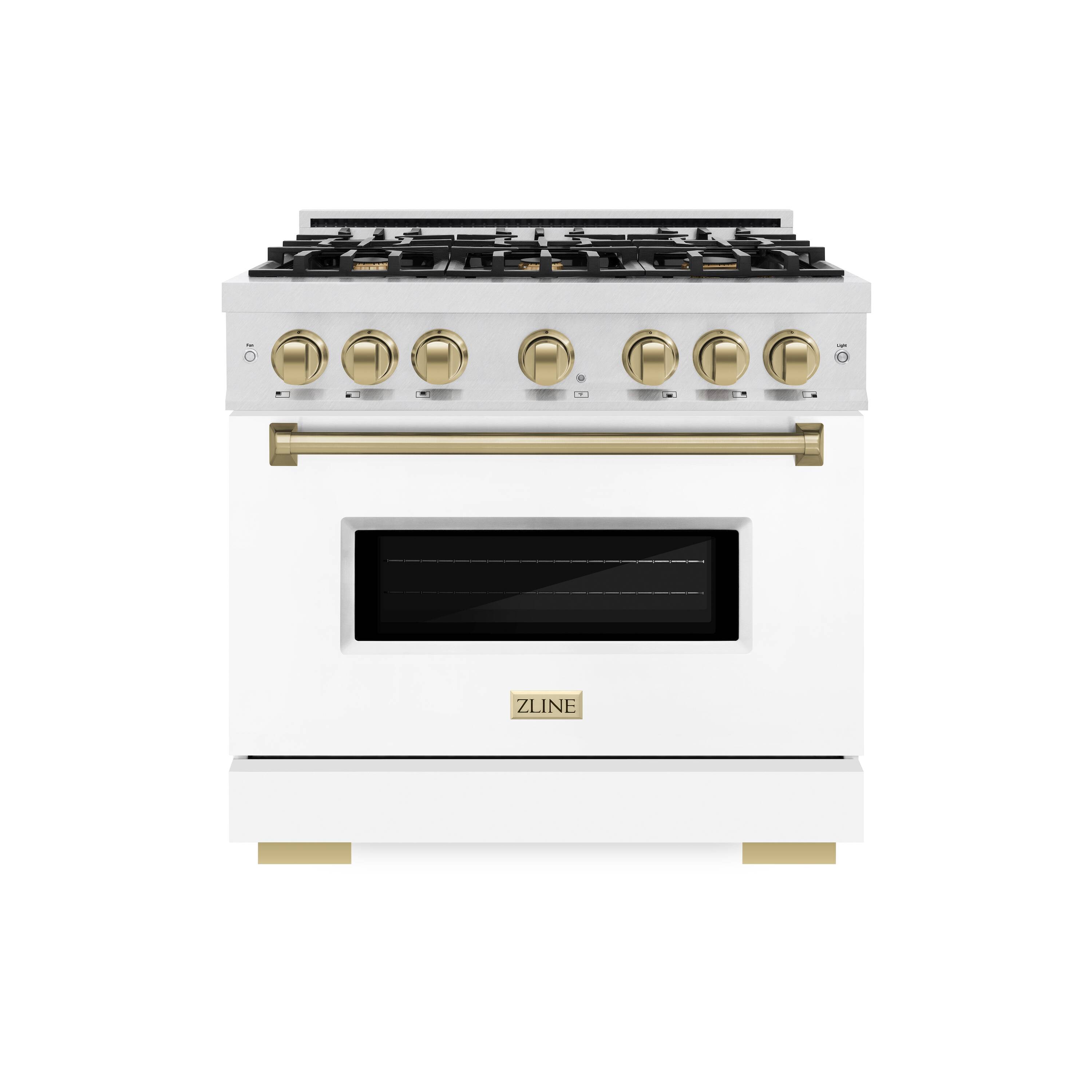 ZLINE KITCHEN & BATH CDRSZ-WM-36-CB Classic 36-in Standard 6 burners Convection Oven Freestanding Dual Fuel Range ( Satin Stainless Steel, White Door, Champagne Bronze Accents )