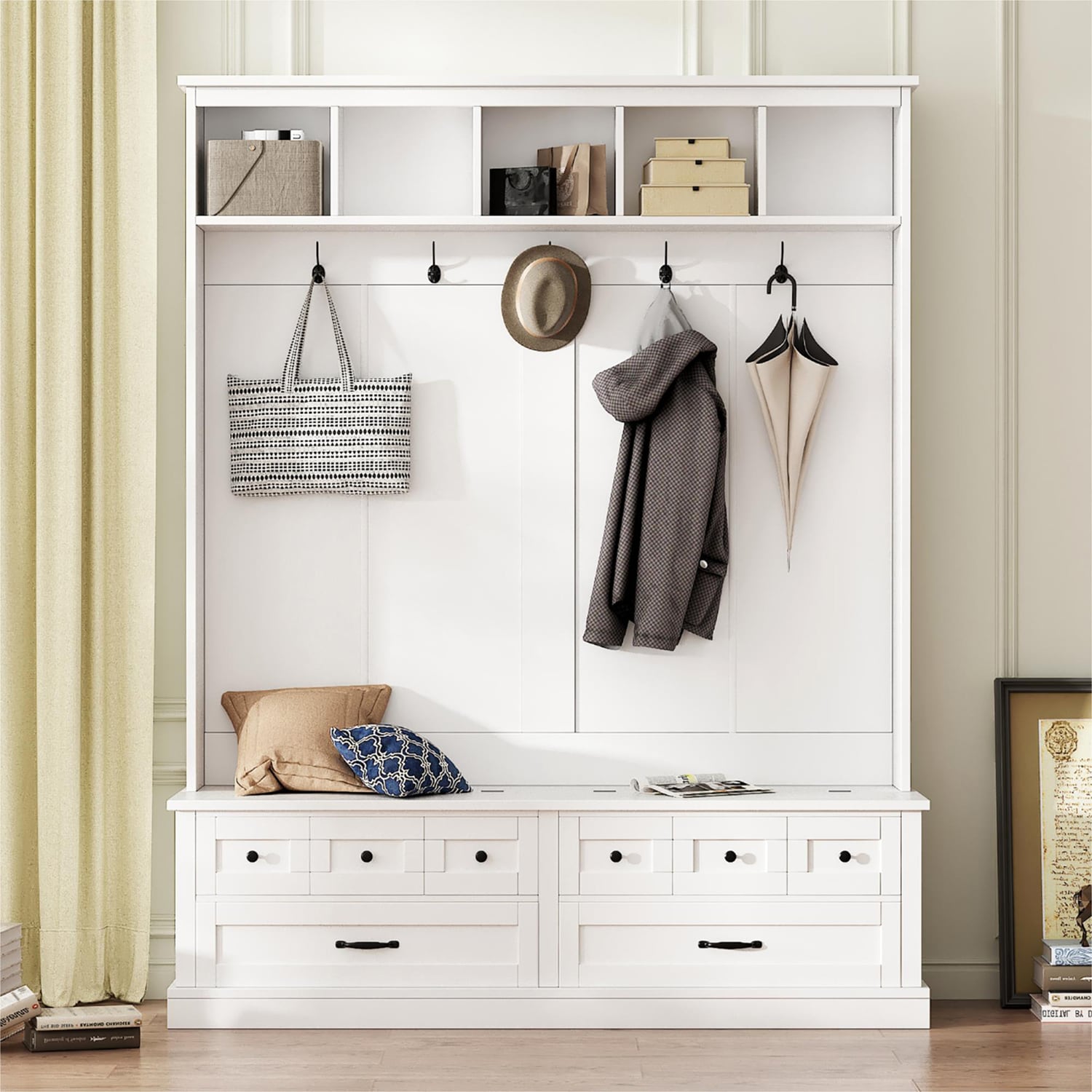 GZMR GZ-OT3887K Elegant Wide Hall Tree with 5 Hooks Modern 59-in White Composite Hall Tree