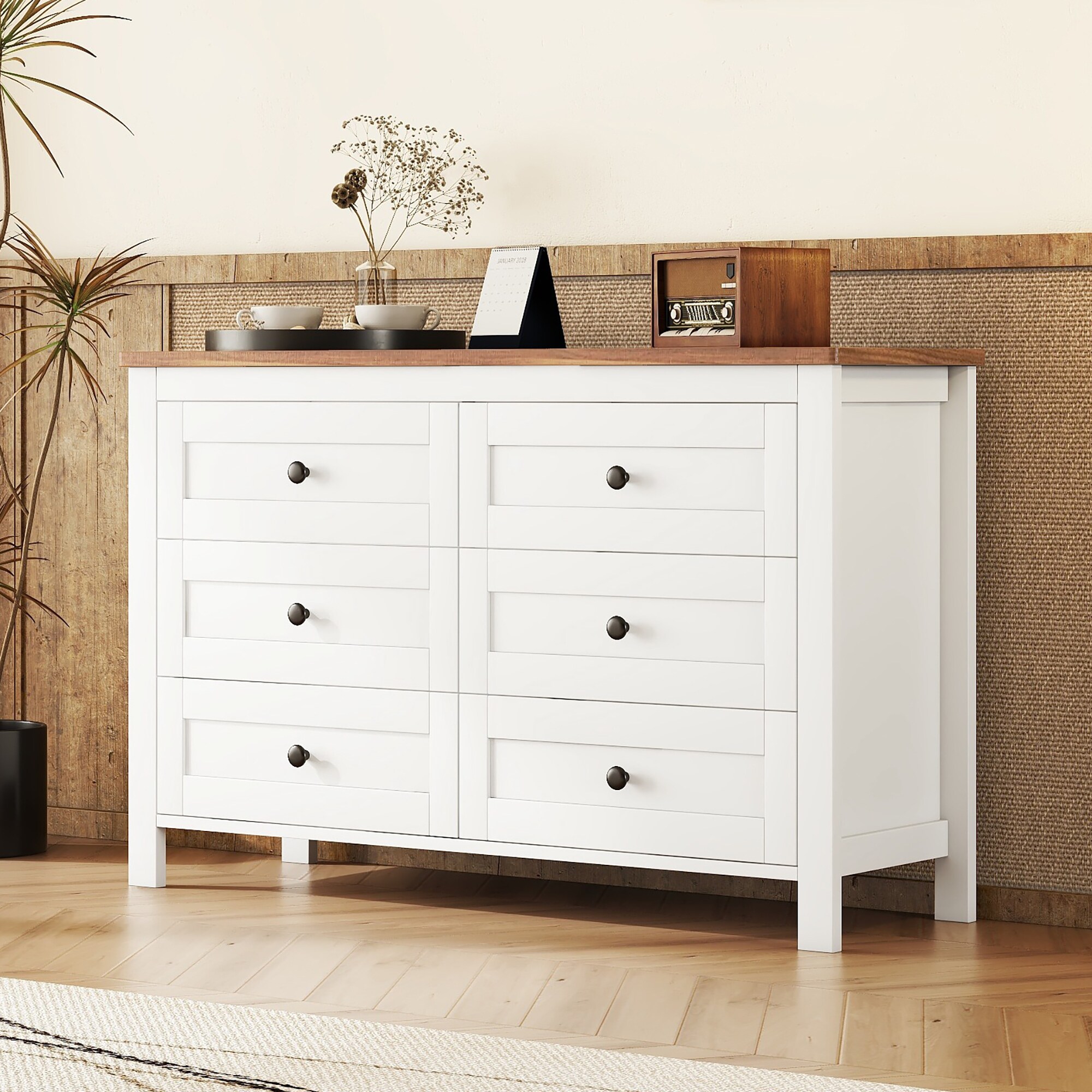 ModernLuxe Retro Farmhouse Style Wooden Dresser with 6 DrawerStorage Cabinet for BedroomWhiteBrown
