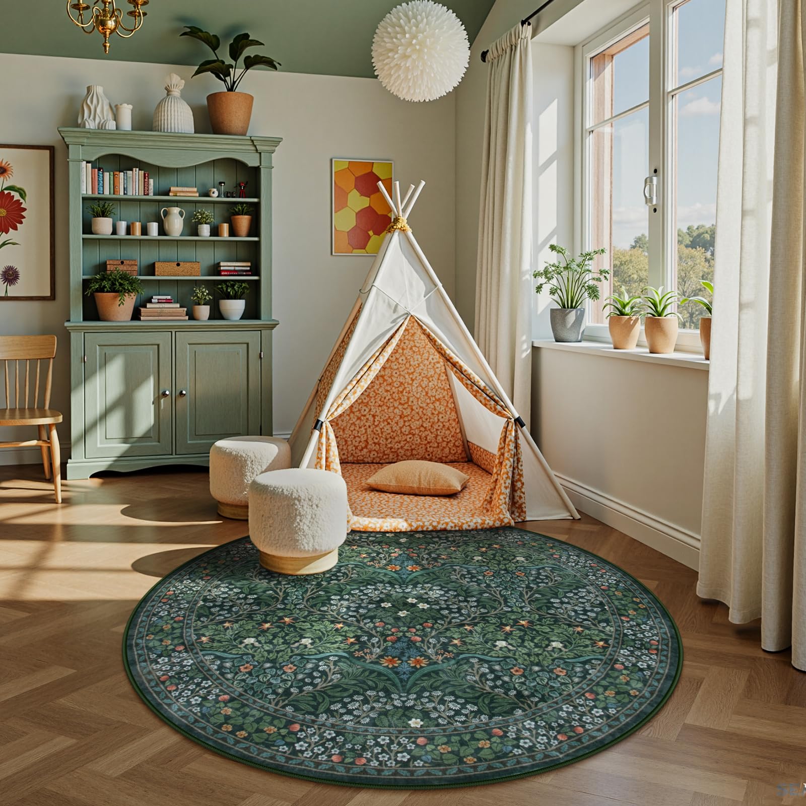 SenQWFa Floral Washable Round Rugs Non Slip Soft Round Rug 4ft Ultra ...