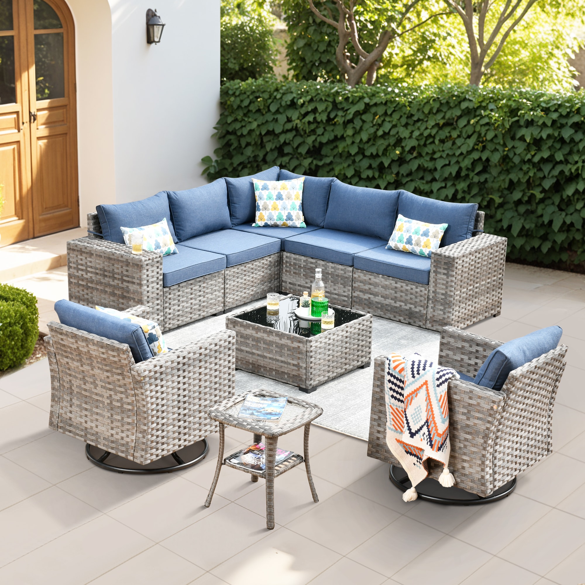 Ovios KFS300Y Shine Wicker Outdoor Sectional with Blue Cushions and Iron Frame
