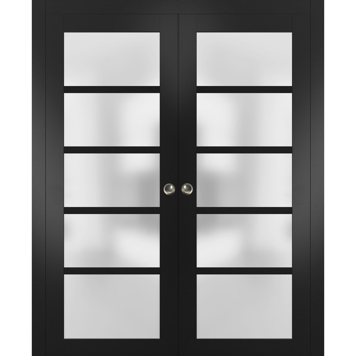 SARTODOORS Sliding French Double Pocket Doors Frosted Glass - Quadro 4002 Black Matte - Kit Trims Rail Hardware - Solid Wood Interior Bedroom Sturdy Doors-48 x 84 (2x 24x84)