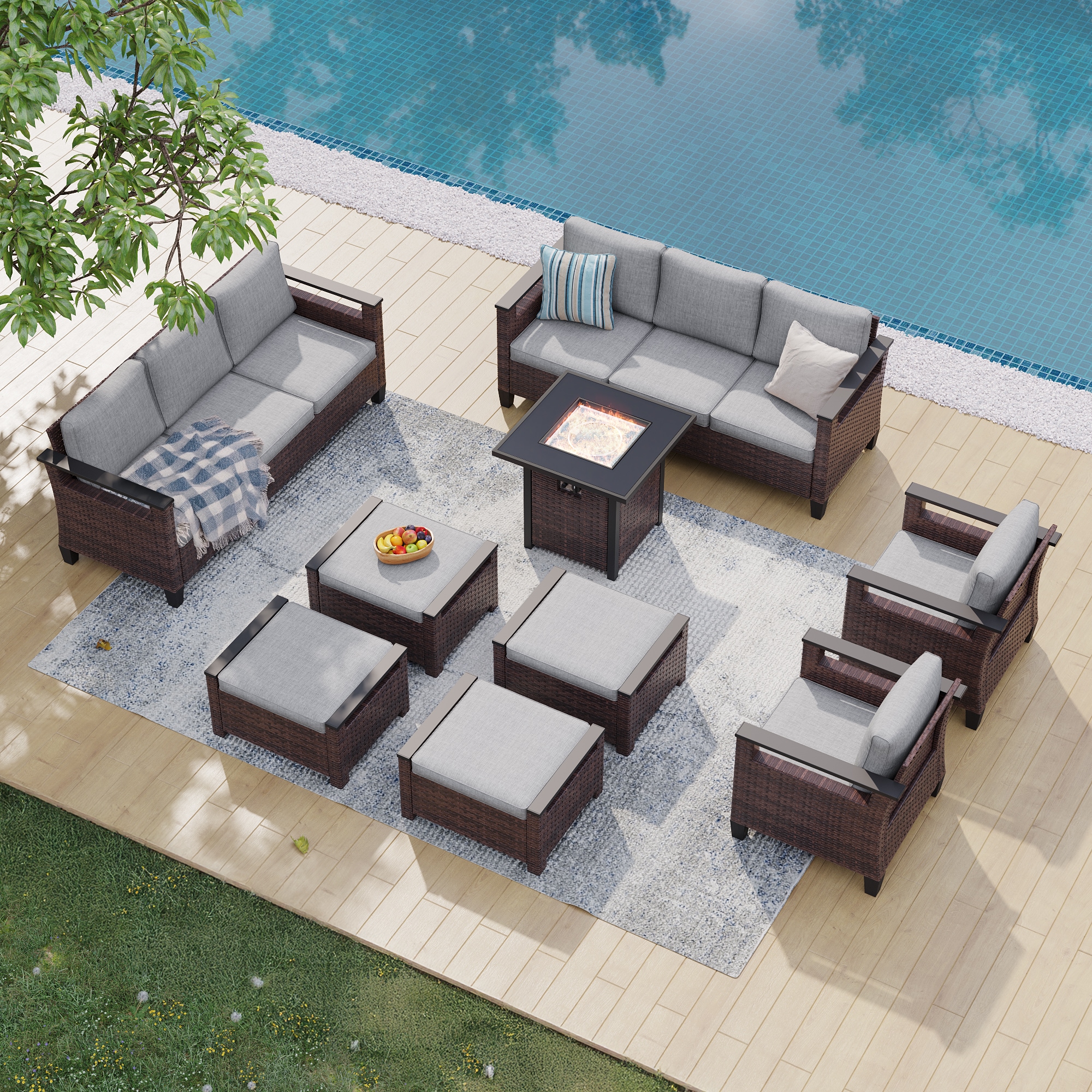 Sonkuki SD-PS-126BLY-S1T4 Patio Conversation Set 9 -Piece Wicker 2 Patio Sofa Conversation Set with Gray Cushions