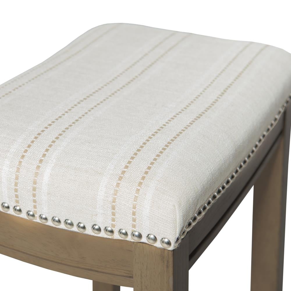 Natural Wood Backless Saddle Counter Stool with Striped Linen Seat