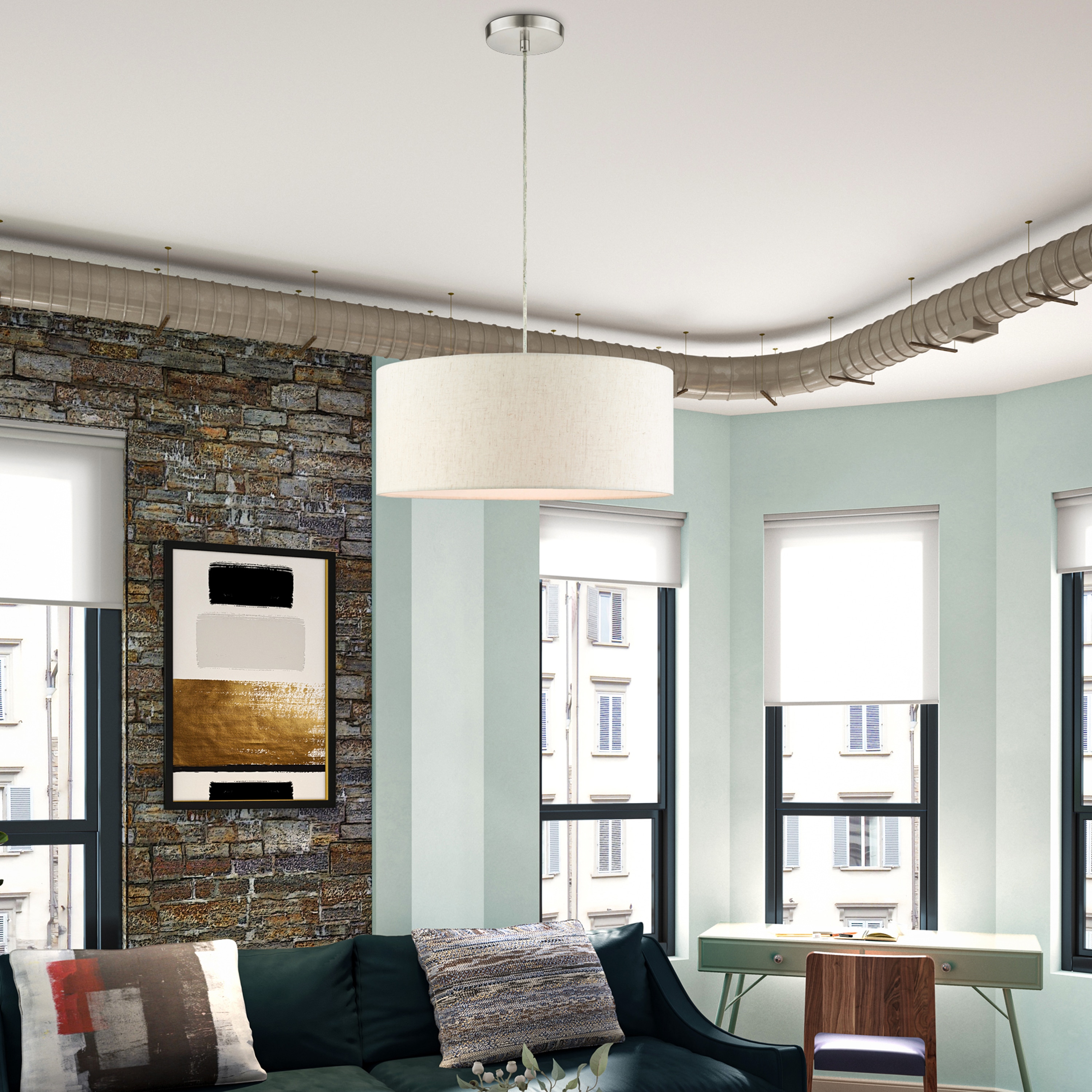 Meadow Brushed Nickel 3-Light Drum Pendant with Oatmeal Shade