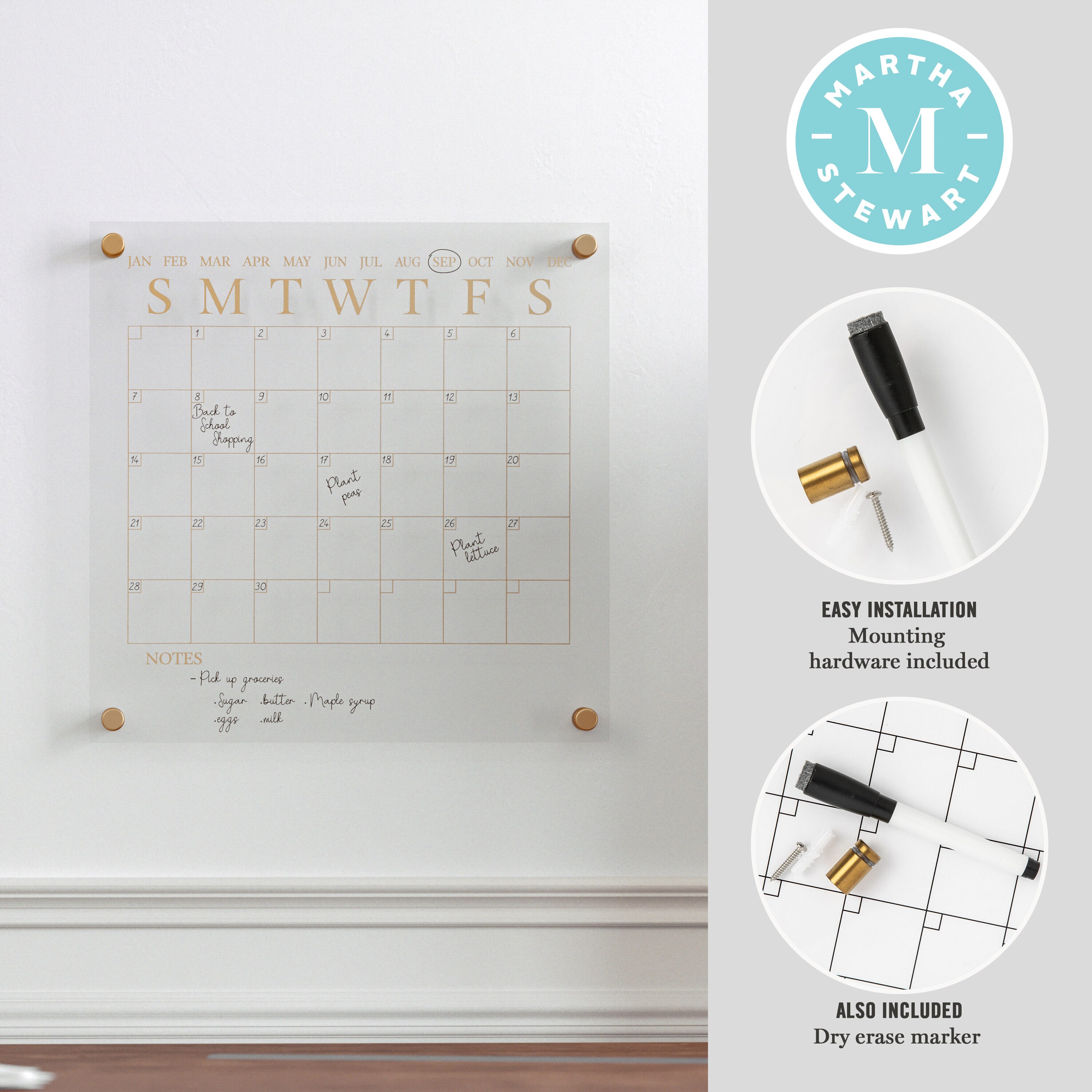 Clear Gold Acrylic Monthly Wall Calendar with Dry Erase Marker