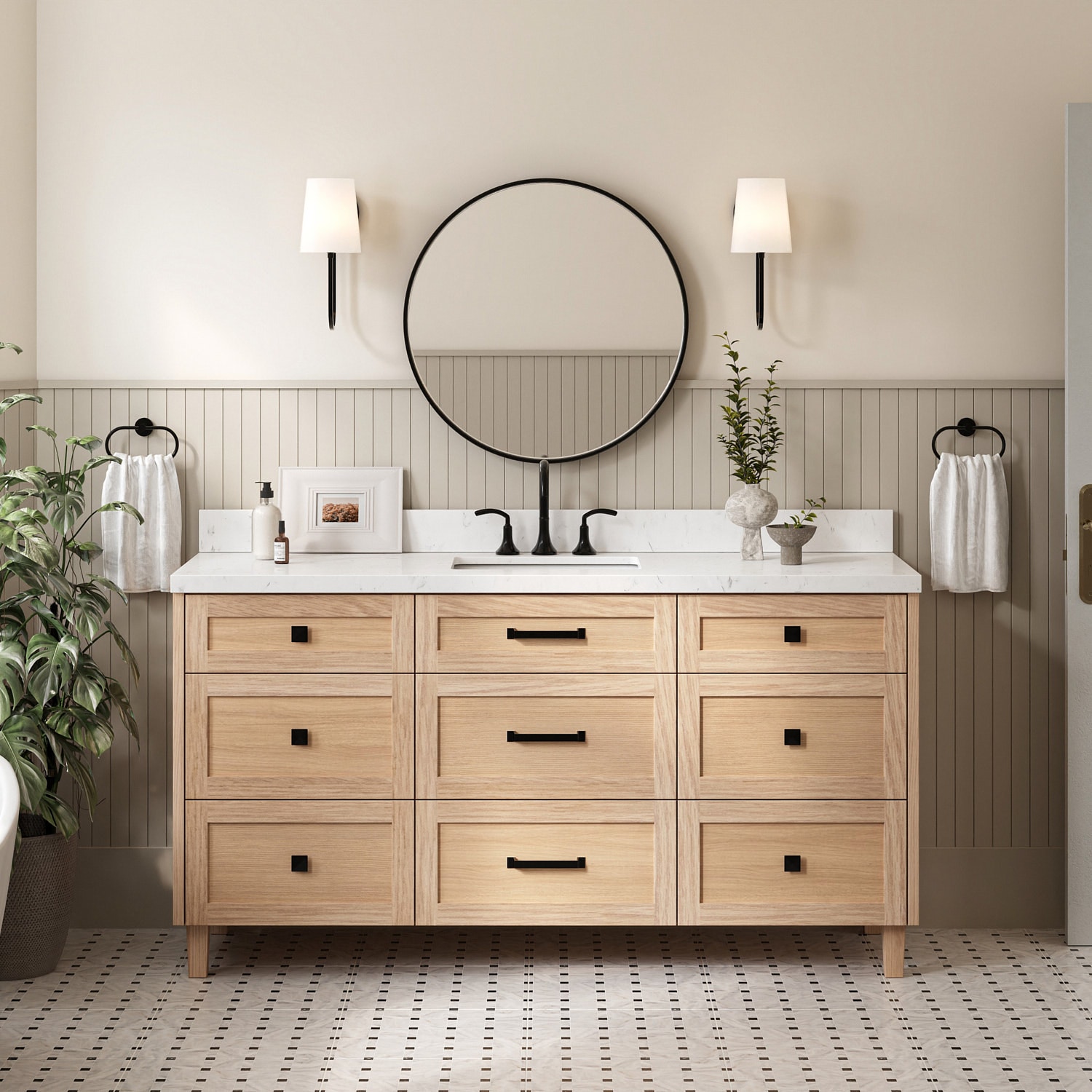 ARIEL B66CQRVOWOA Monroe 66.25-in Oak Undermount Single Sink Bathroom Vanity with Carrara White Quartz Quartz Top