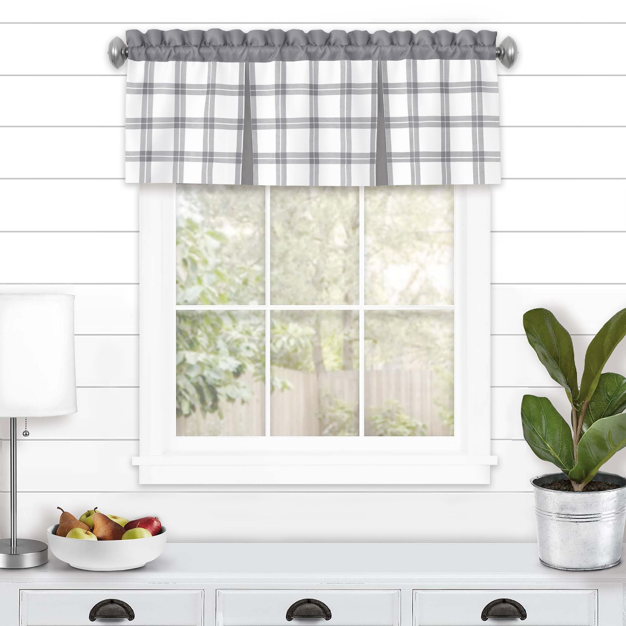 KATE AURORA Windowpane Plaid Country Farmhouse Rod Pocket Window Valance Gray