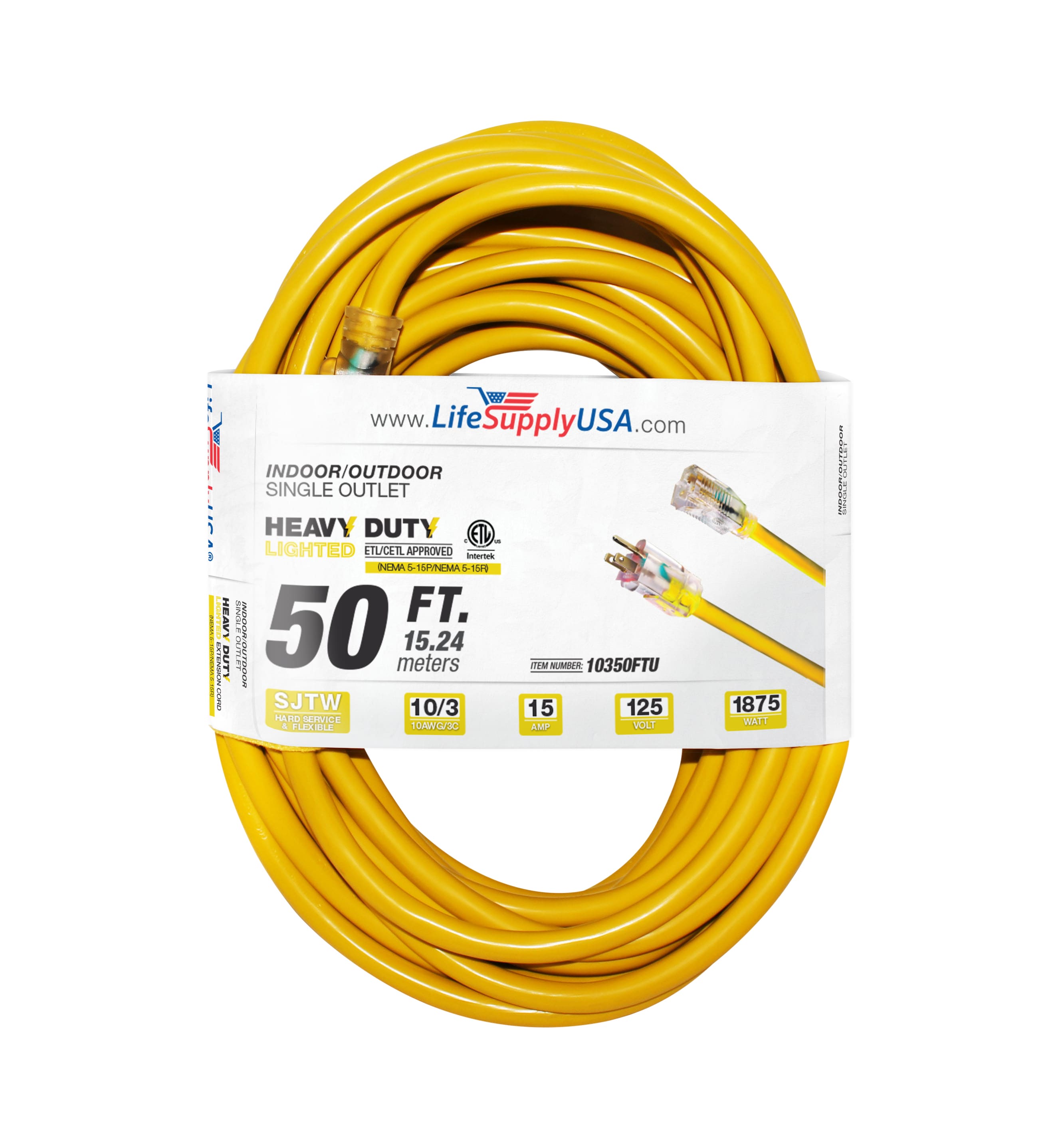 LifeSupplyUSA 10350FTU 50-ft 10 / 3 3 Prong Yellow Indoor/Outdoor SJTW Heavy Duty Lighted Extension Cord