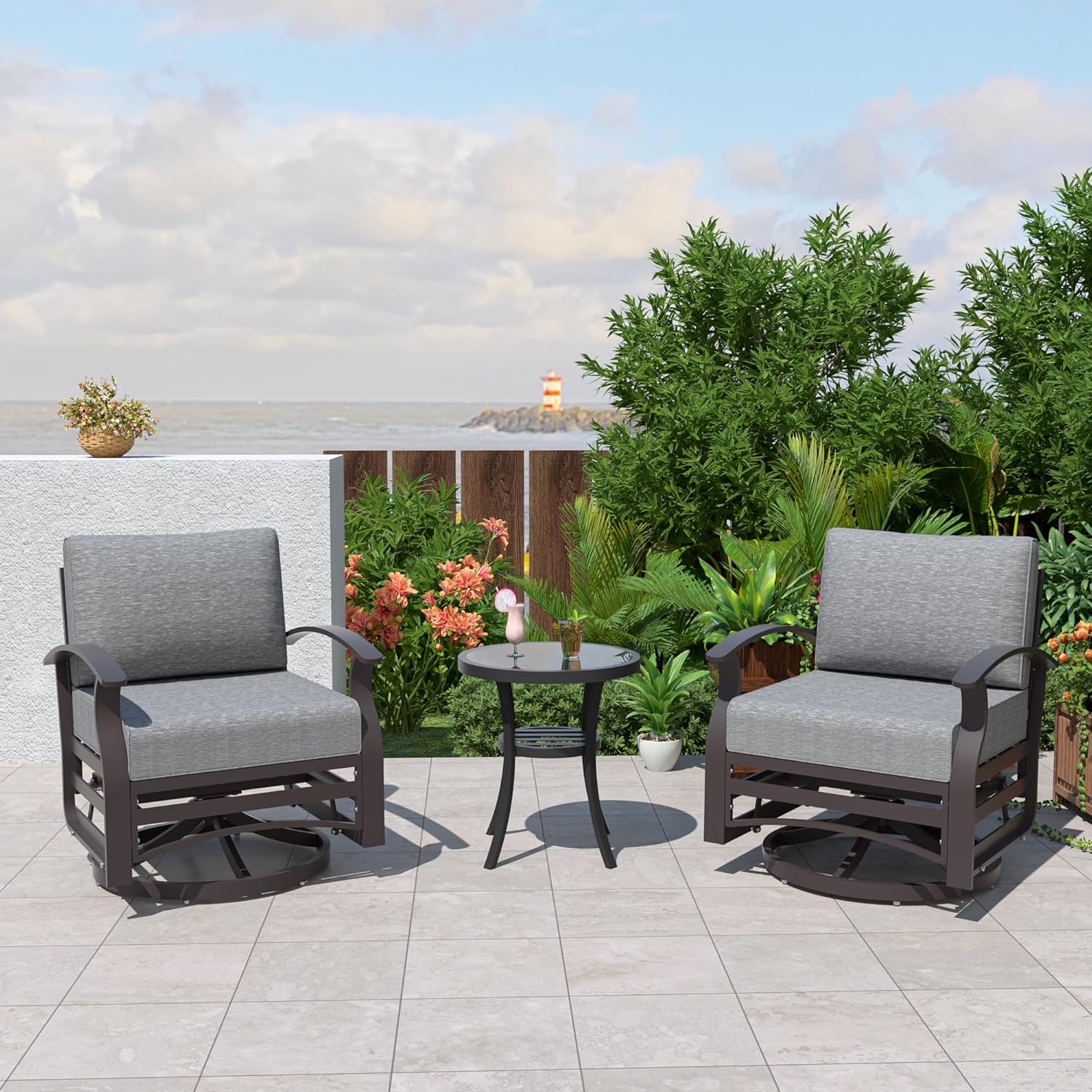 ALAULM LS-ASR-GREY Aluminum Swivel Rocking Chair Set Set of 2 Brownish Black Aluminum Frame Swivel rocker Rocking Chair with Gray Solid Seat