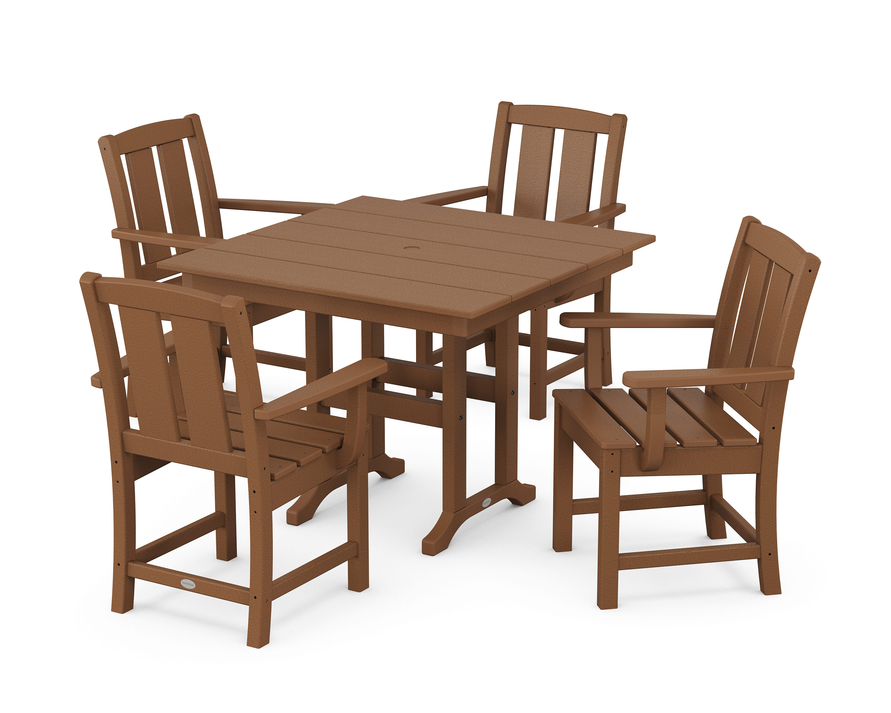 POLYWOOD PWS2053-1-TE Mission 5 -Piece Teak Patio Dining Set Plastic Square Table with 4 Stationary Chairs and Umbrella Included