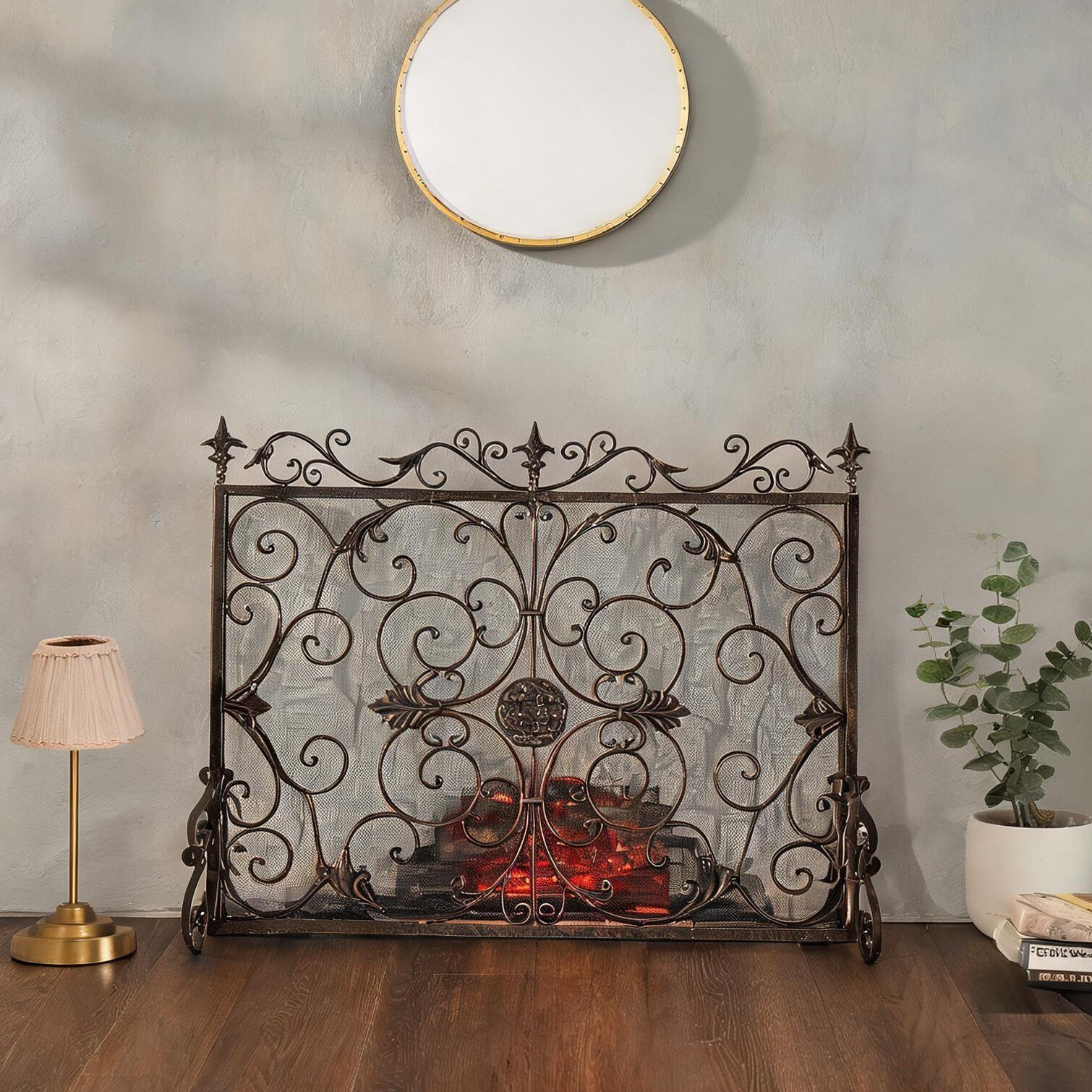 SunJet Hand-Forged Iron Fireplace Screen with Ornate Gold Detailing Matte Black Indoor Hearth Decor Classic Victorian Style 44.5x9.75x35 Inches